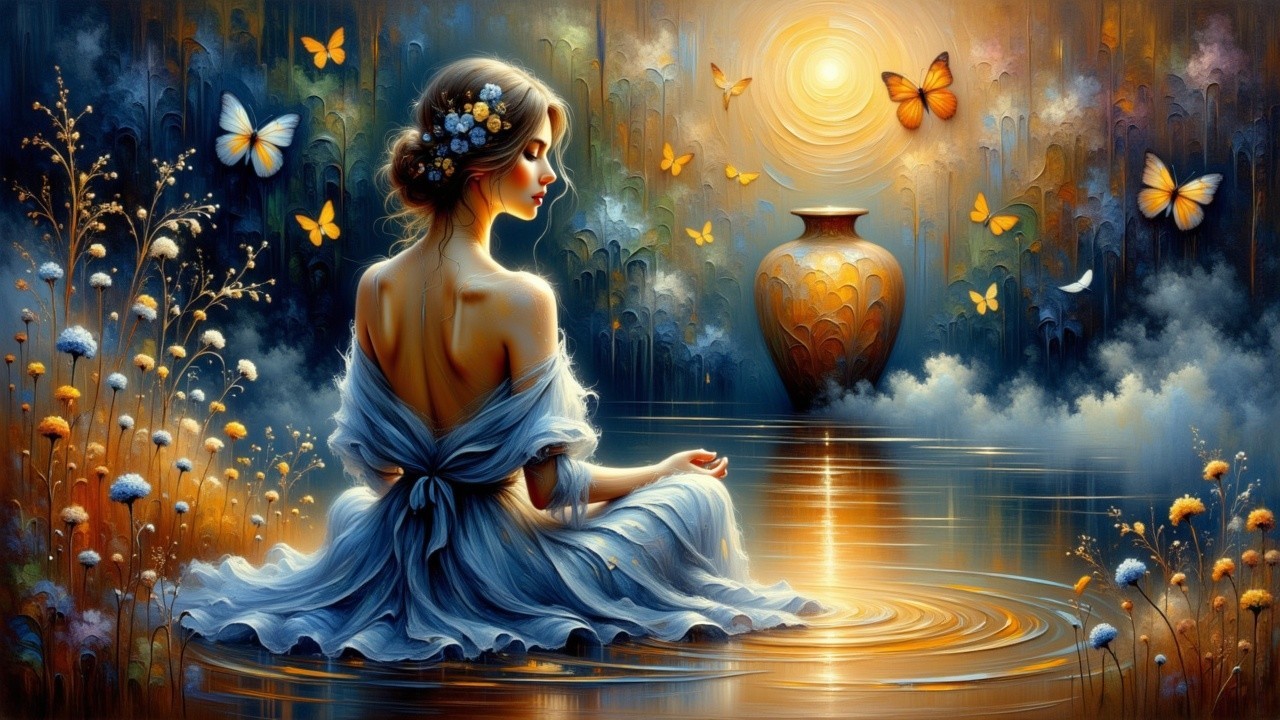 Young Woman by Tranquil Lake with Butterflies and Vase
