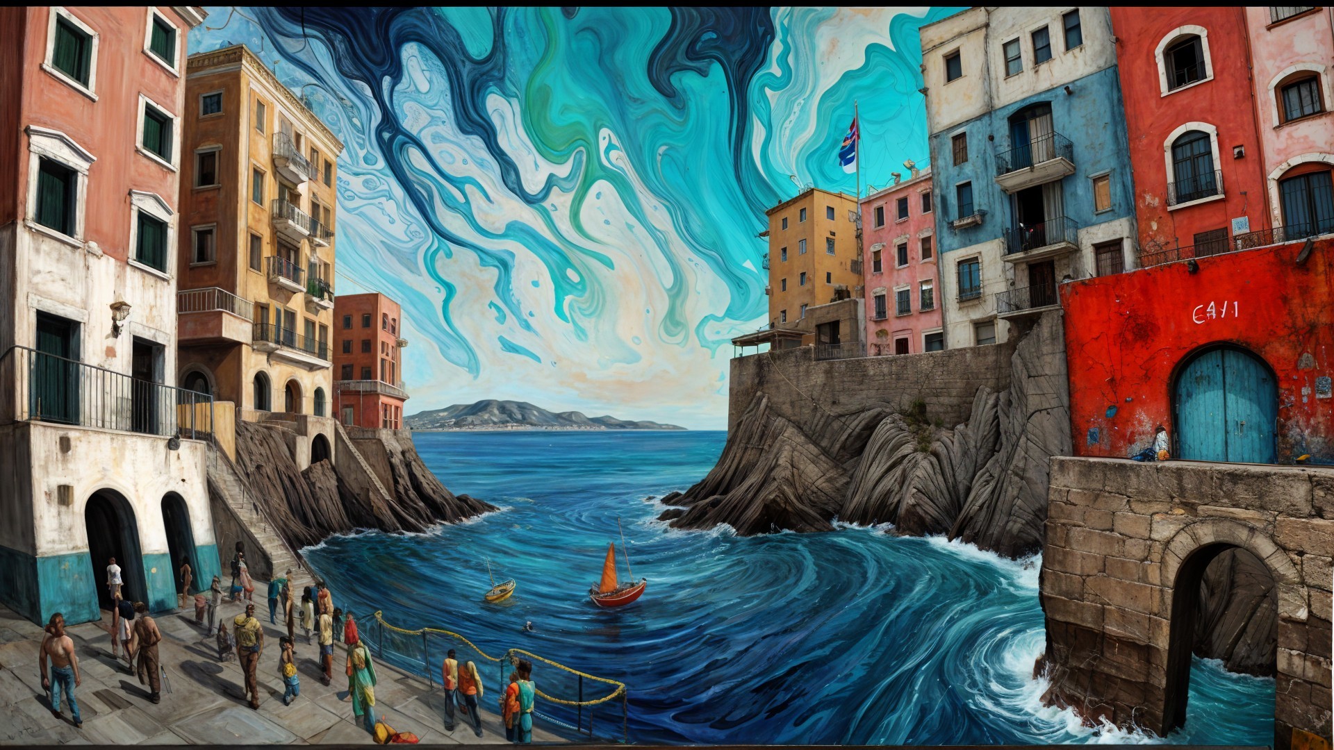 Vibrant Seaside Harbor with Colorful Buildings and Waves