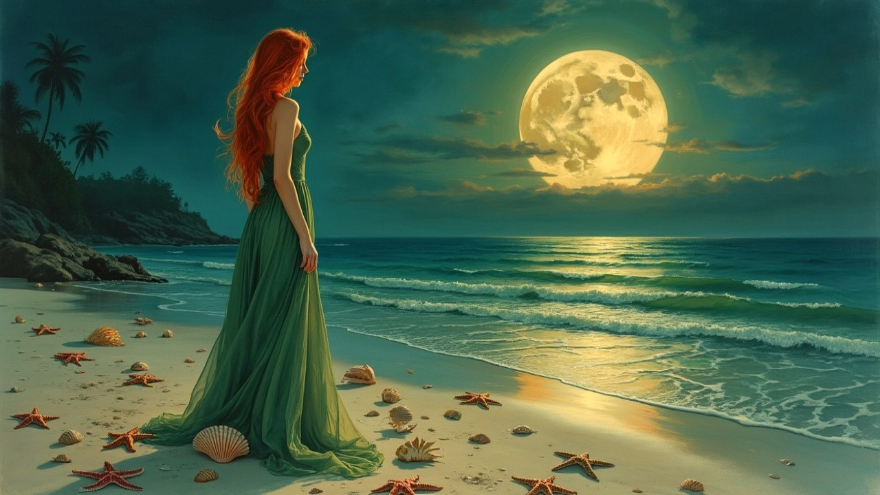 Serene Beach Scene with Full Moon and Woman in Green Dress