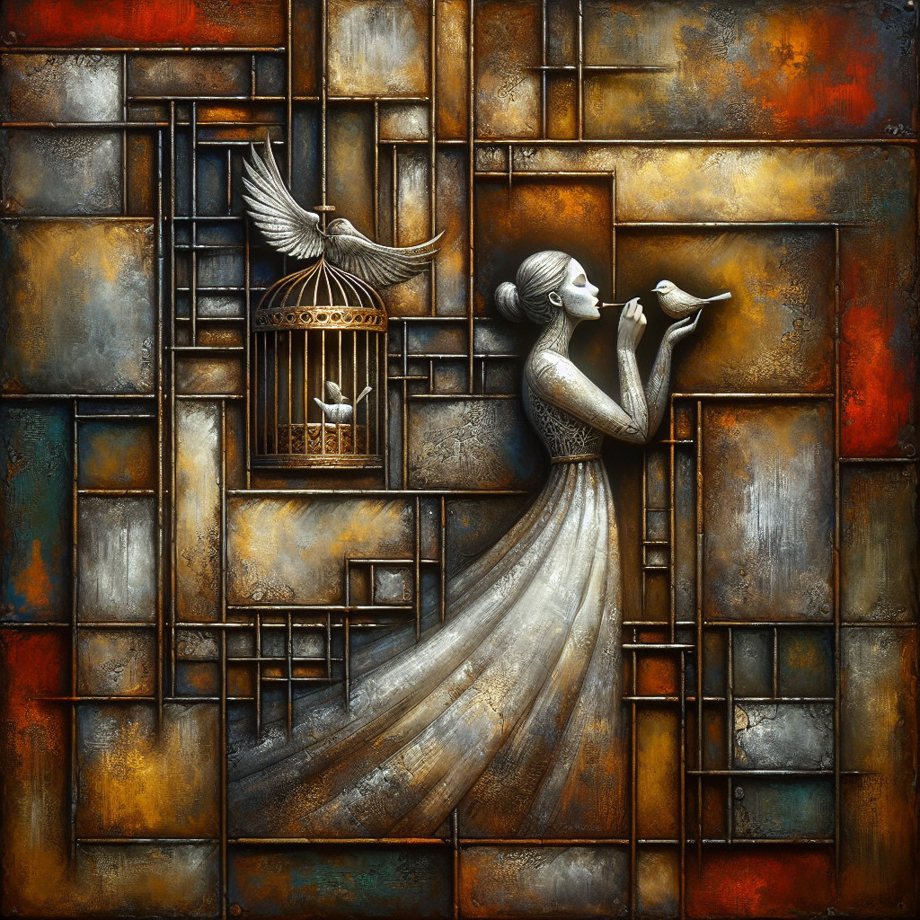 Stylized Woman with Bird in Geometric Background