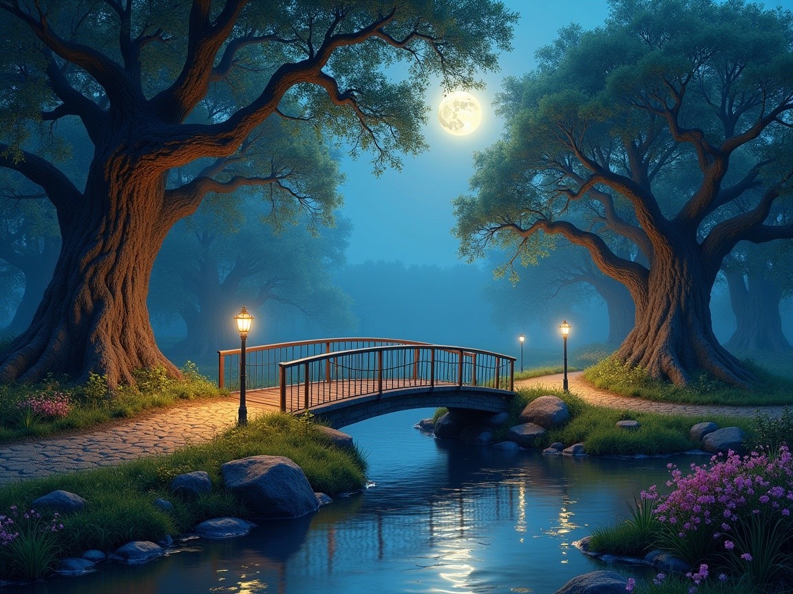 Tranquil Nighttime Scene with Wooden Bridge and River