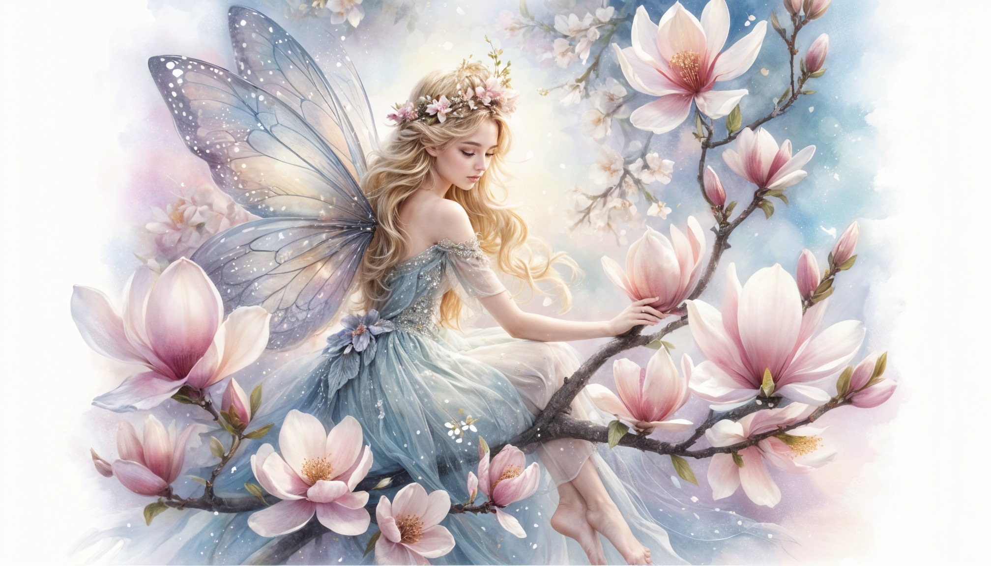 Fairy on Branch with Magnolia Blossoms and Pastel Sky