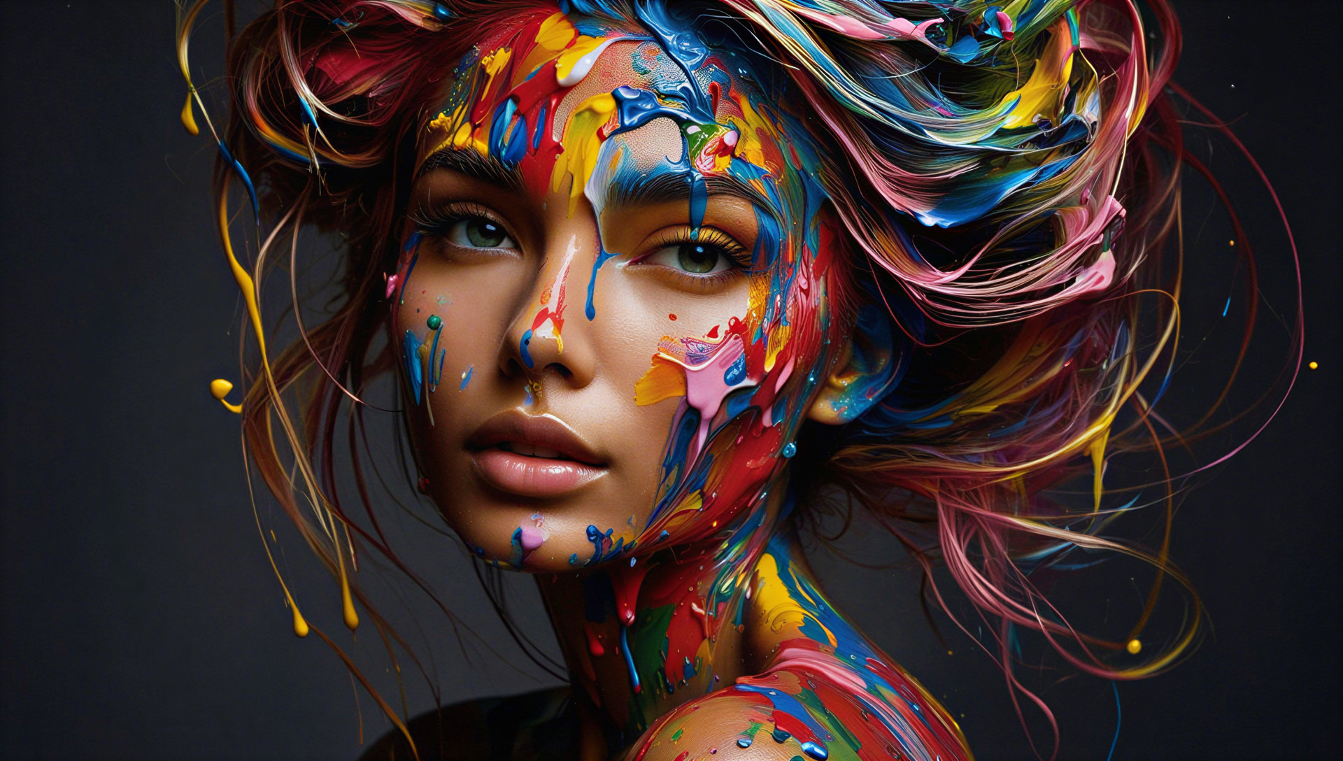 Portrait with Colorful Paint Splashes on Face and Hair