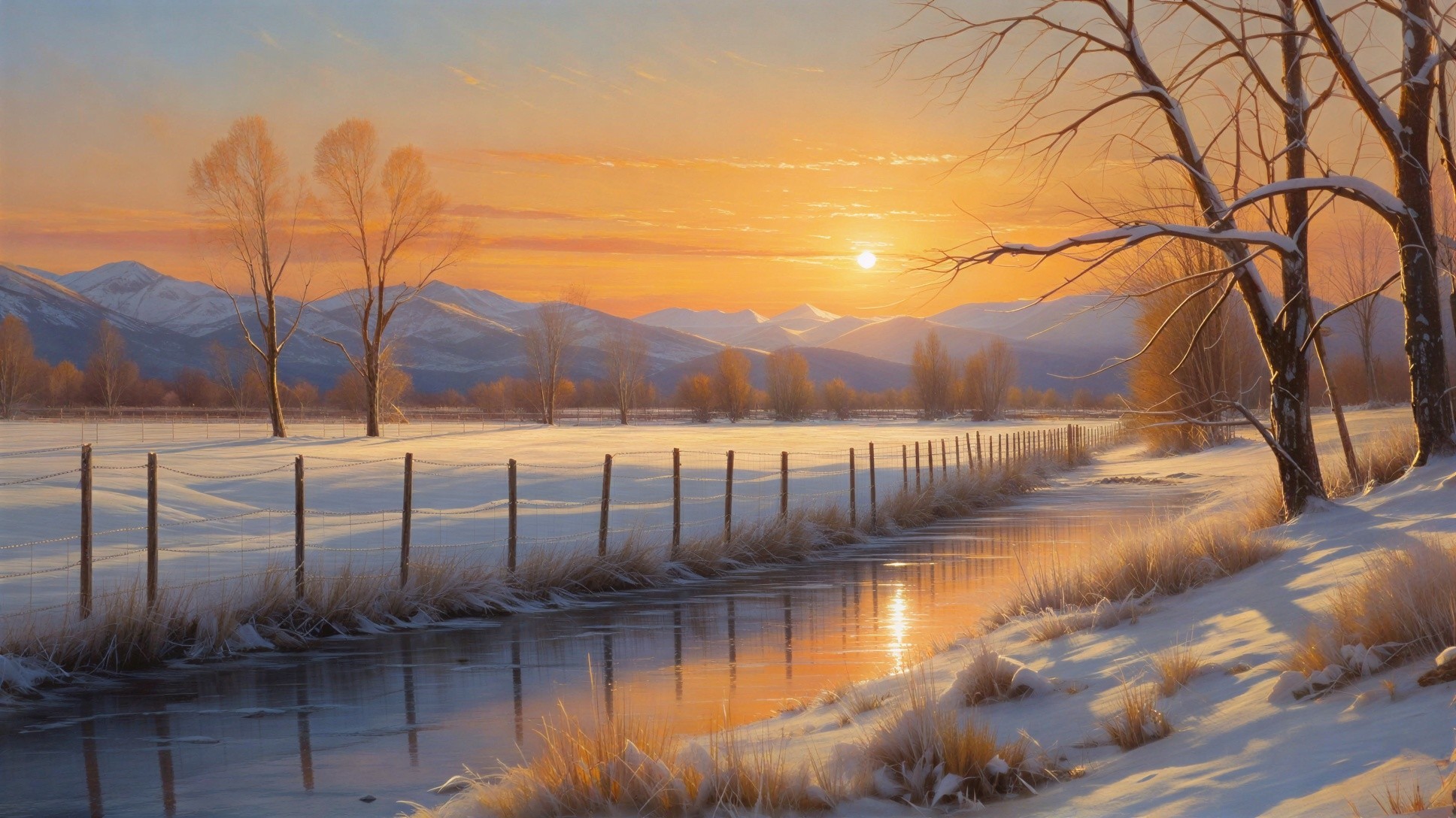Serene Winter Landscape with Sunrise and Snow-Covered Fields