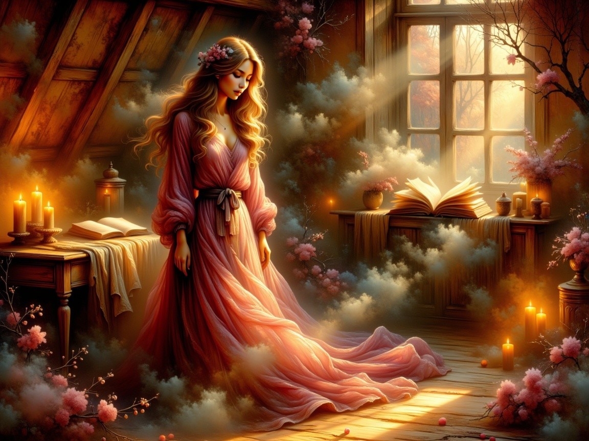 Serene Attic Scene with Young Woman in Pink Gown