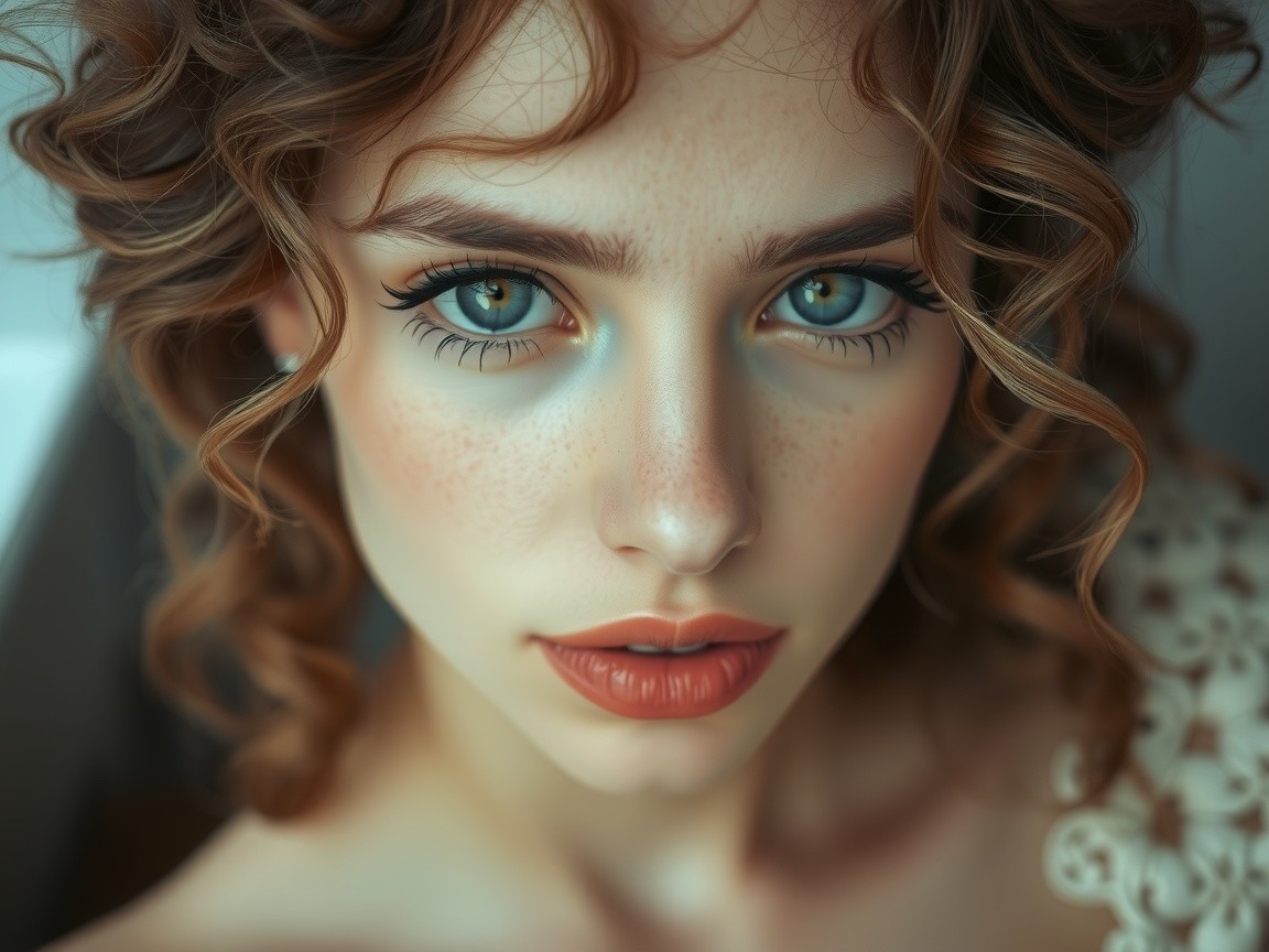 Close-up of a young woman with blue eyes and curls