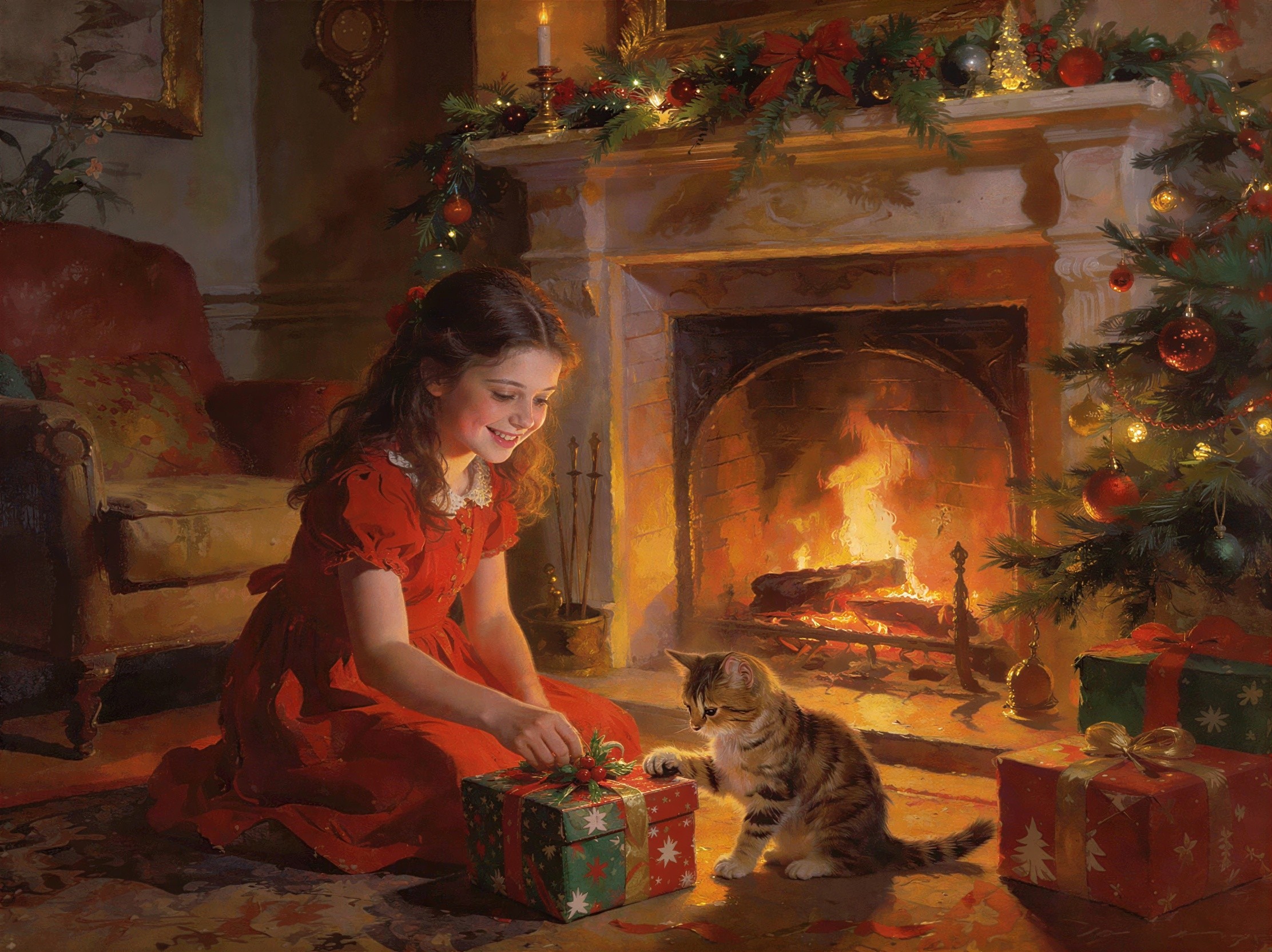 Oil Painting of a Girl by a Fireplace on Christmas Eve