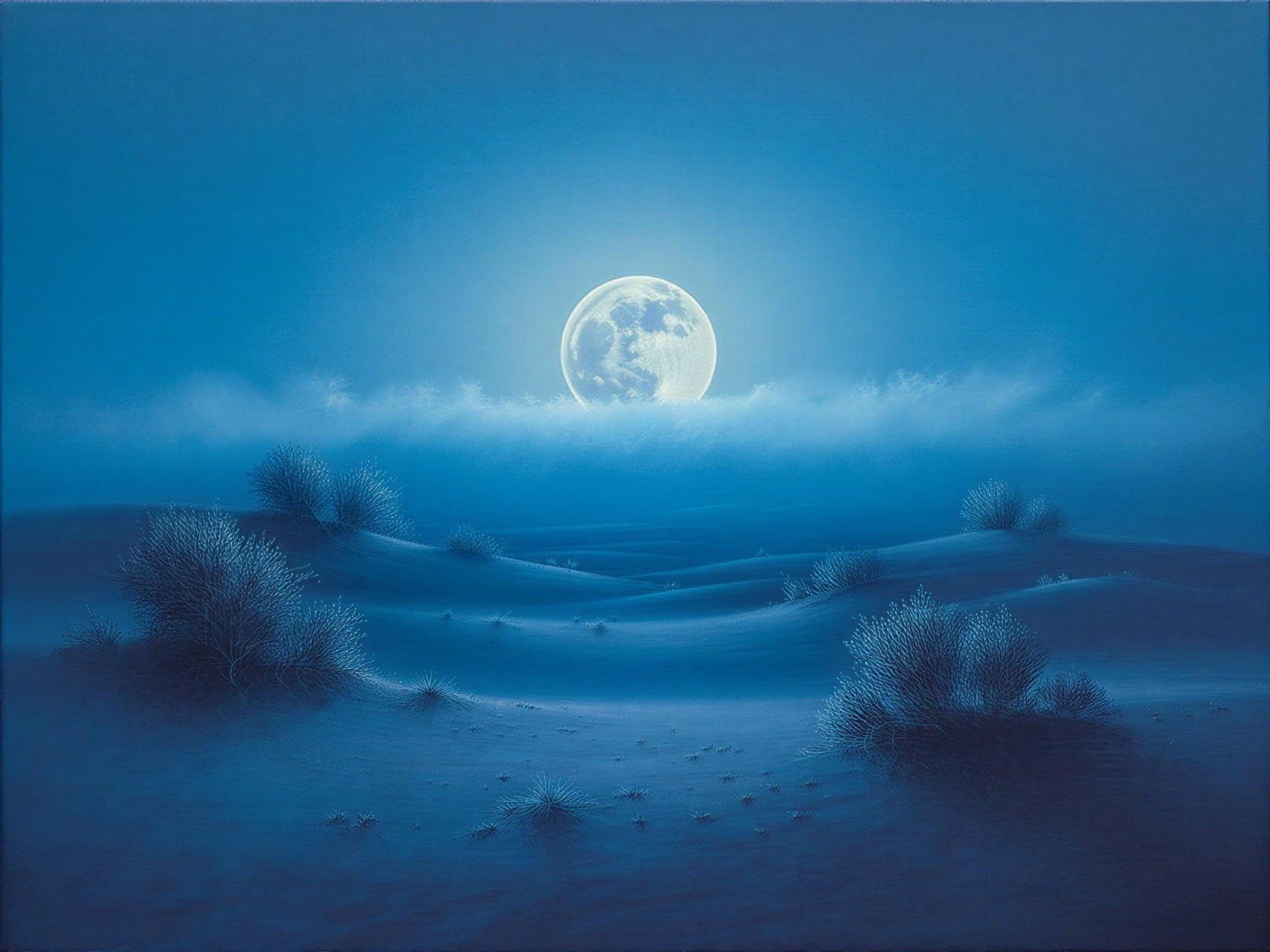 Moonlit Landscape with Rolling Dunes and Vegetation