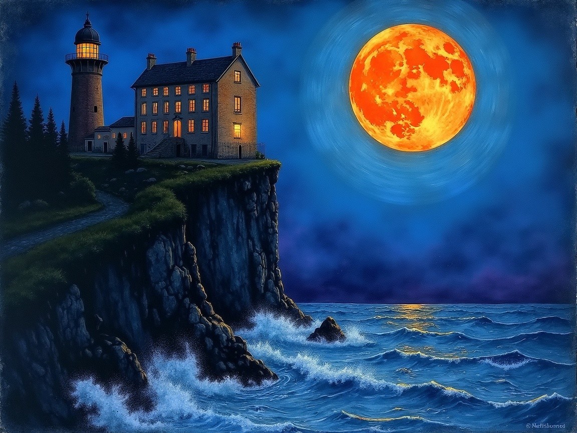 Lighthouse on Cliff with Ocean Waves and Moonlight