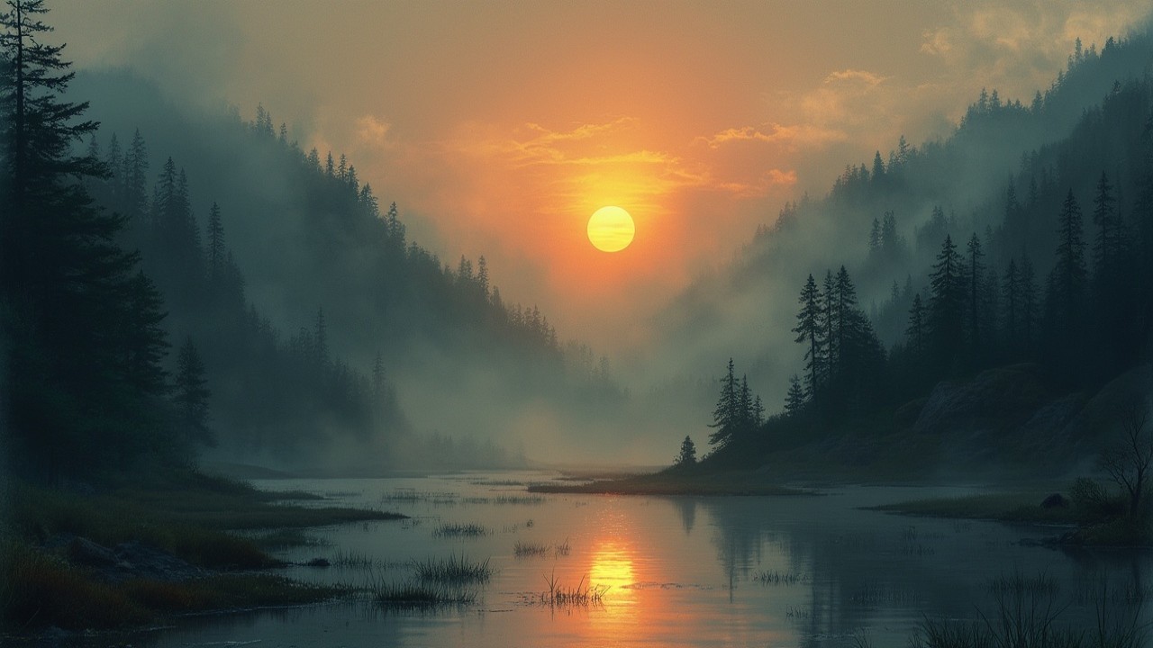 Serene Dawn Landscape with River and Misty Mountains