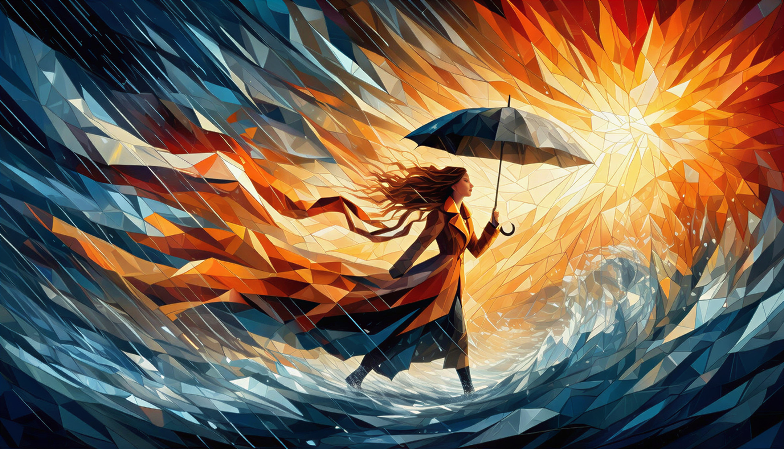 Geometric Illustration of a Figure in a Wave Scene