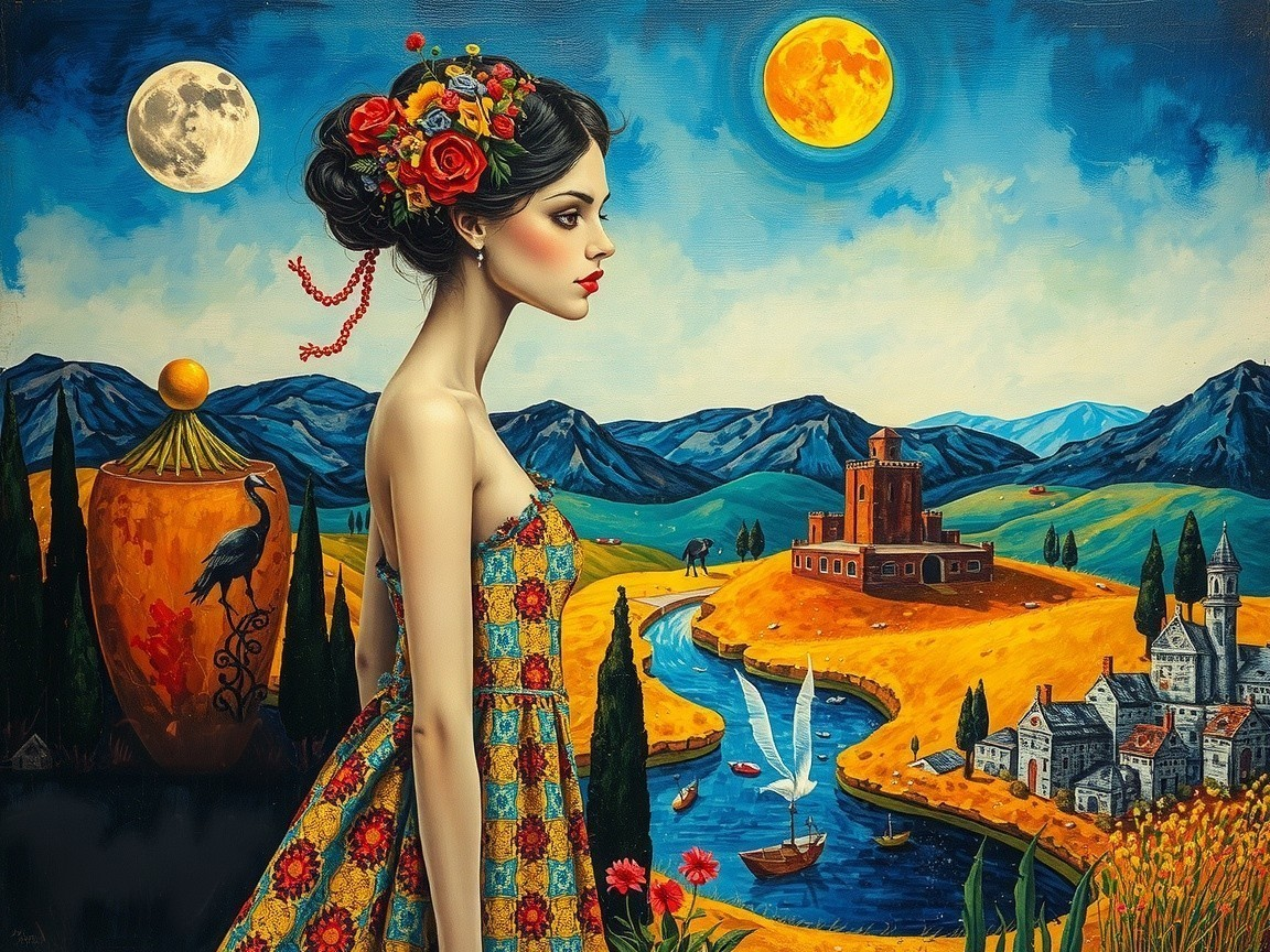 Young Woman in Floral Dress in Enchanting Landscape