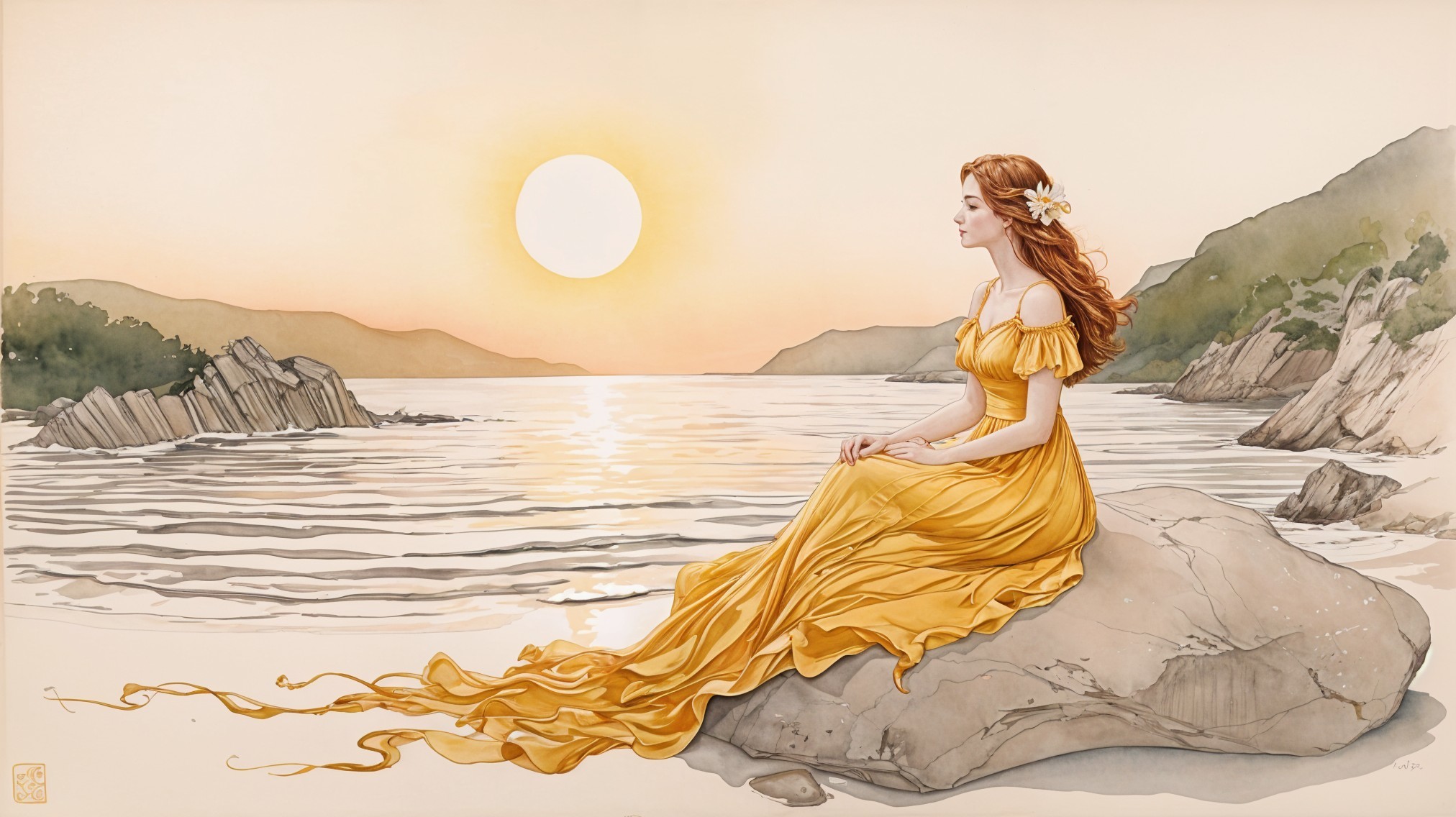Young Woman in Yellow Gown by Serene Seaside Sunset