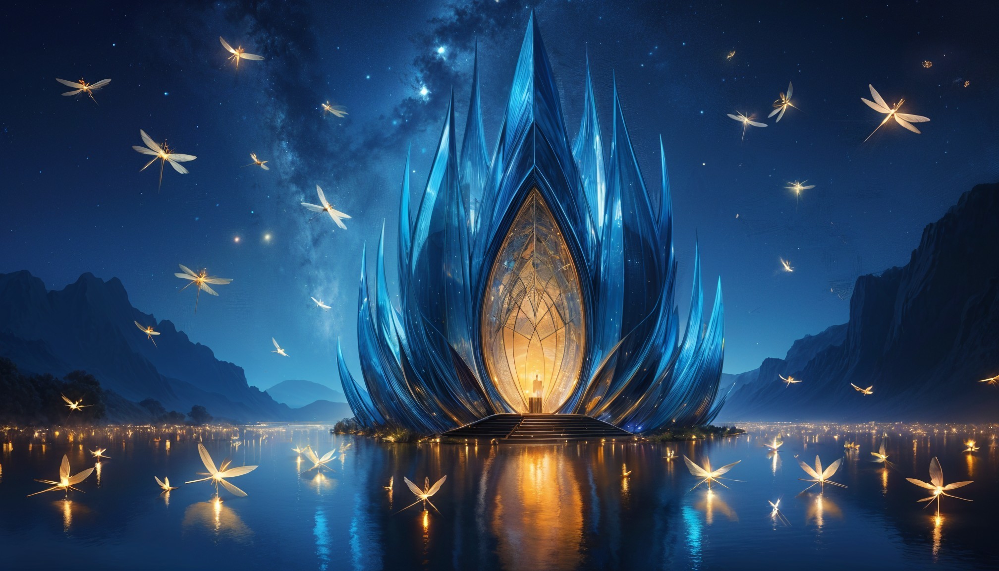 Crystal Lotus Building by Reflective Lake at Night
