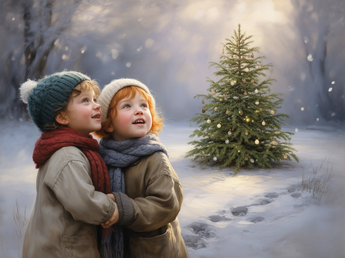 Cheerful Children Admire Christmas Tree in Snowy Scene