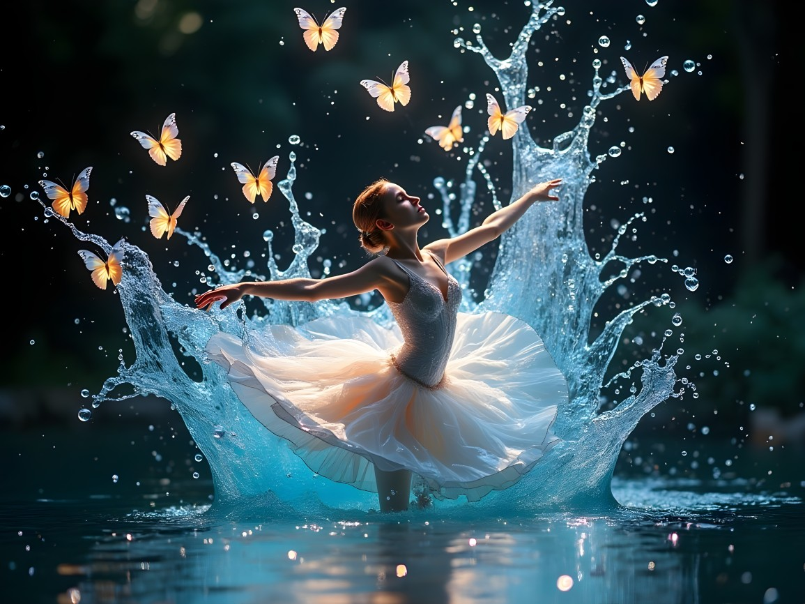 Ballet Dancer in White Tutu Amidst Blue Pool and Butterflies