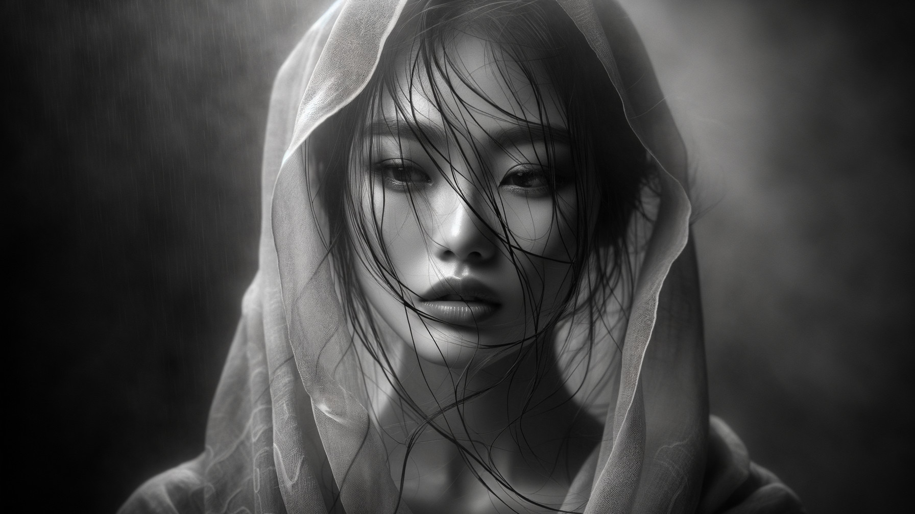 Close-Up Portrait of a Woman in Translucent Veil