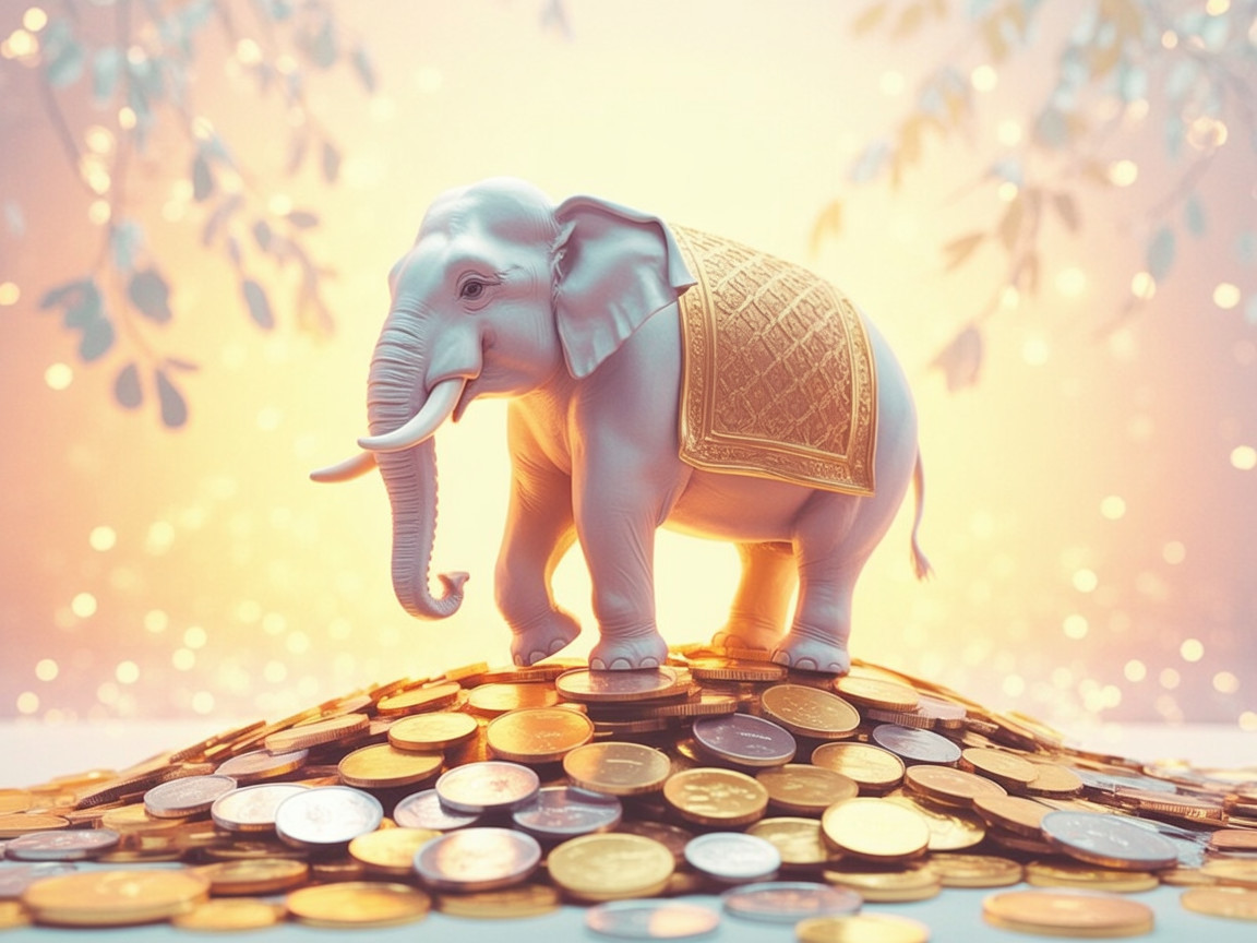 Porcelain Elephant on Gold and Silver Coins Display