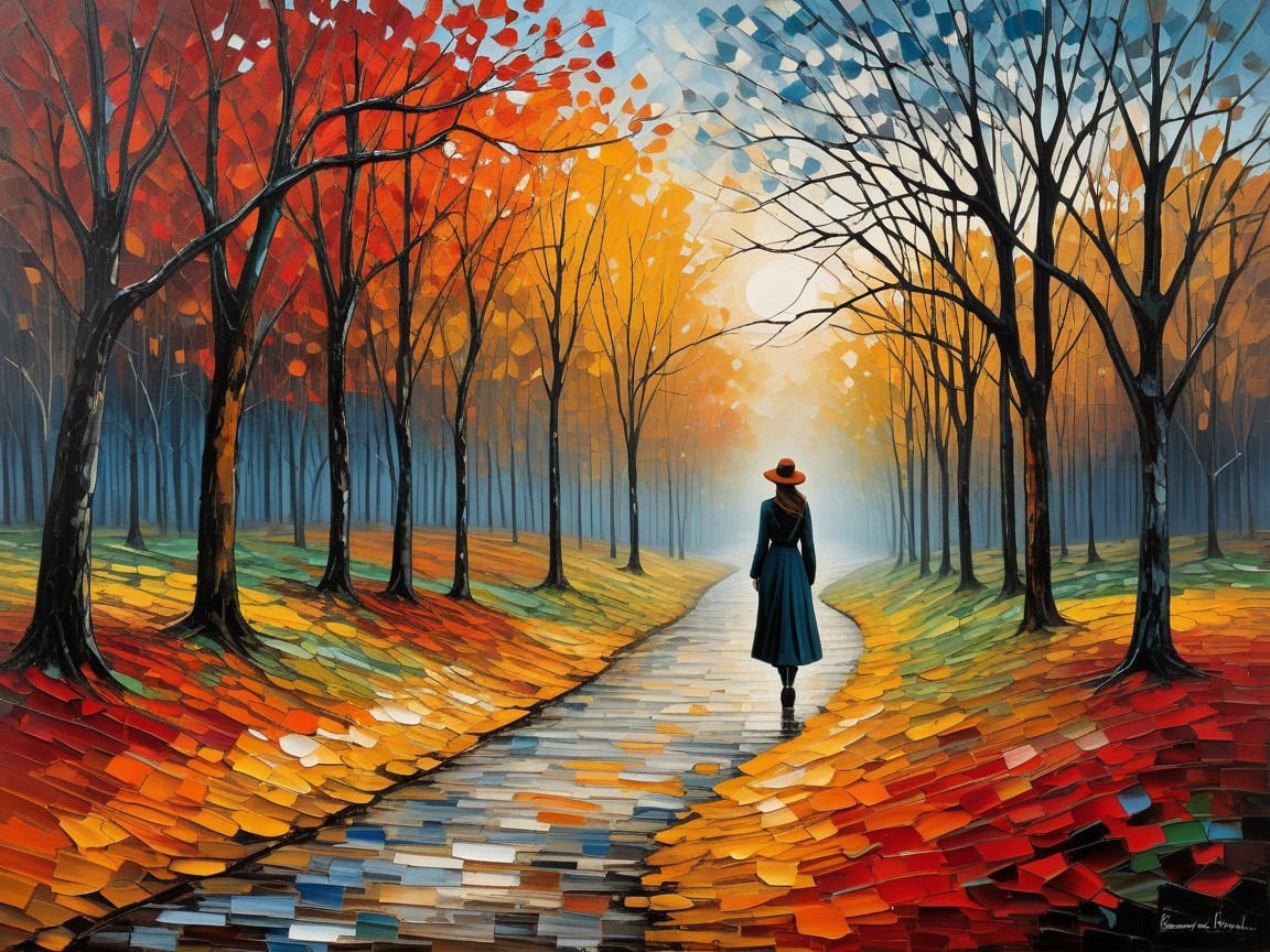 Vibrant Autumn Landscape with Solitary Stroll