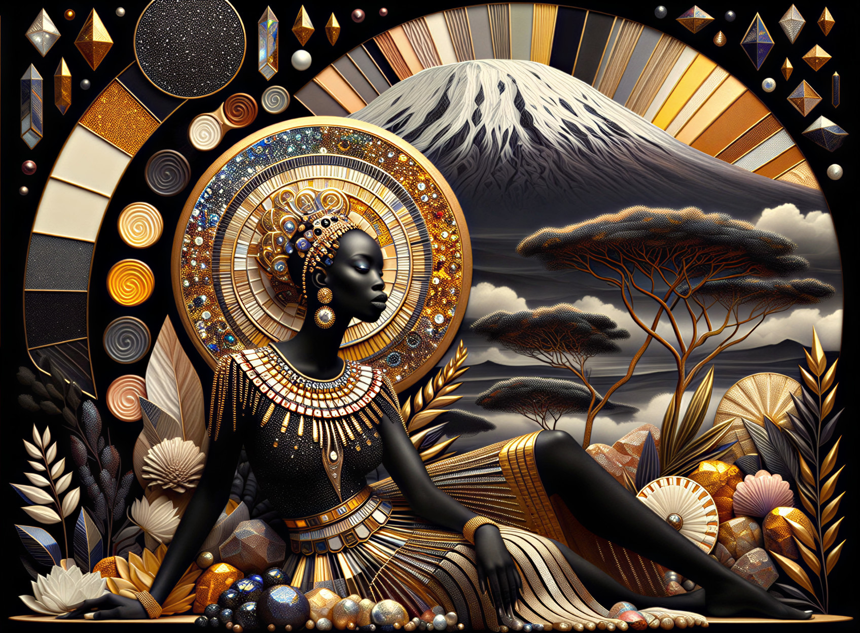 Black Woman in Gold Accessories Surrounded by Nature