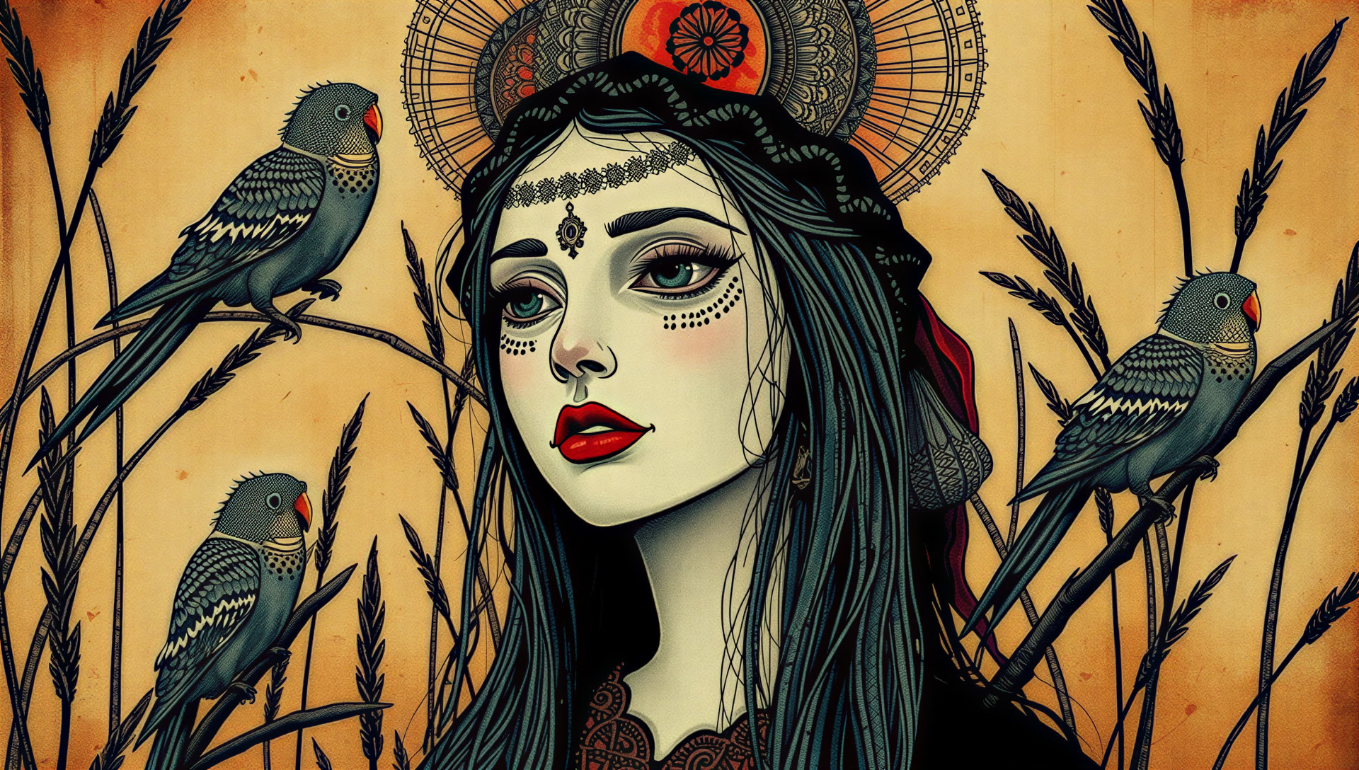 Portrait of a Woman with Jewelry and Nature Elements