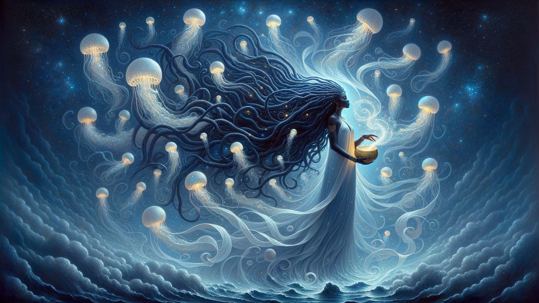 Mystical Figure Surrounded by Ethereal Jellyfish