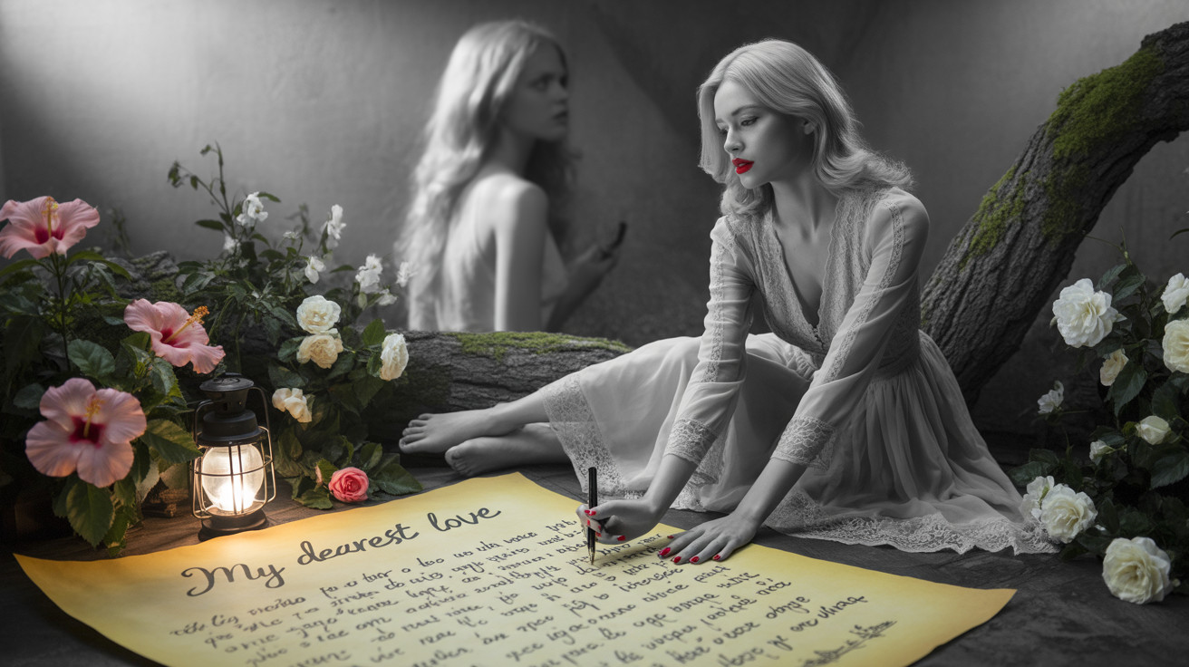 Woman in White Dress Writing a Letter Among Flowers