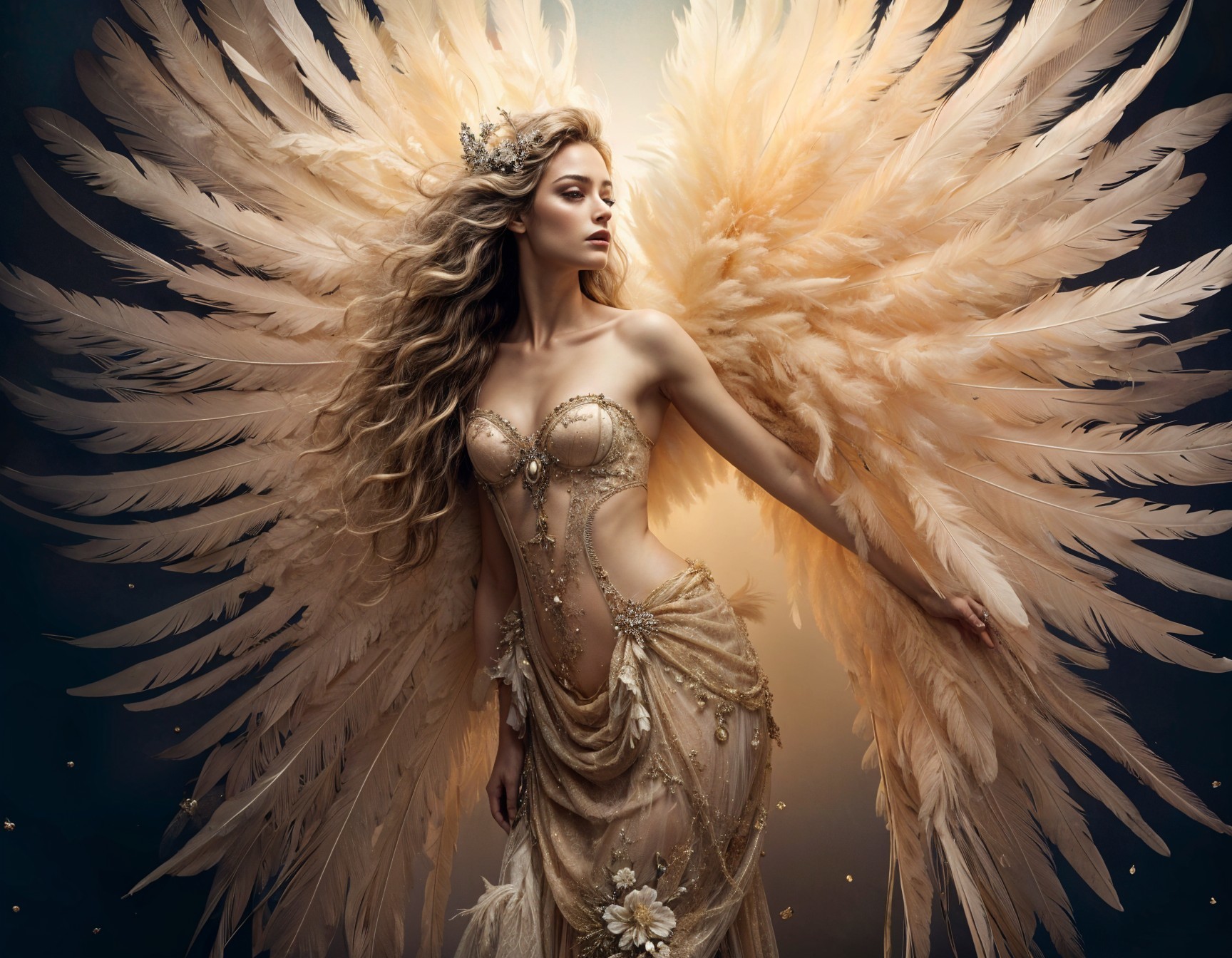 Ornate gown and golden feathered wings in soft light
