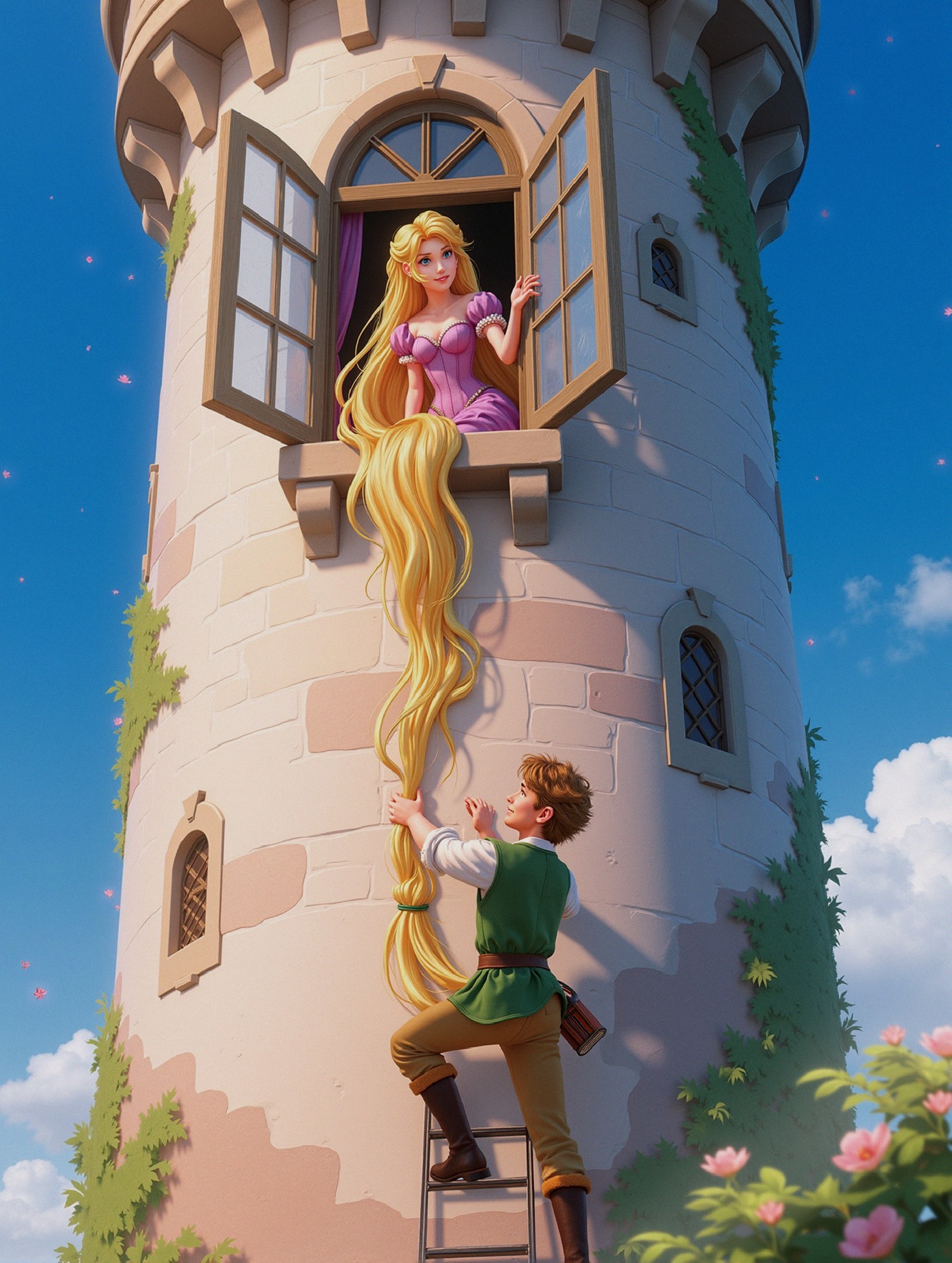 Young woman in pink dress leans from stone tower