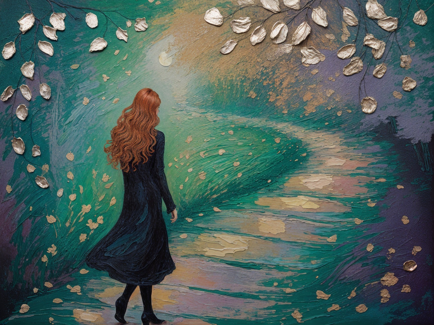 Woman with Red Hair on a Whimsical Pathway