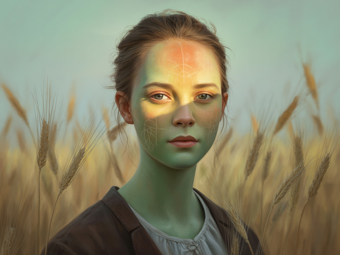 Young Woman in Golden Wheat Fields with Green Tones