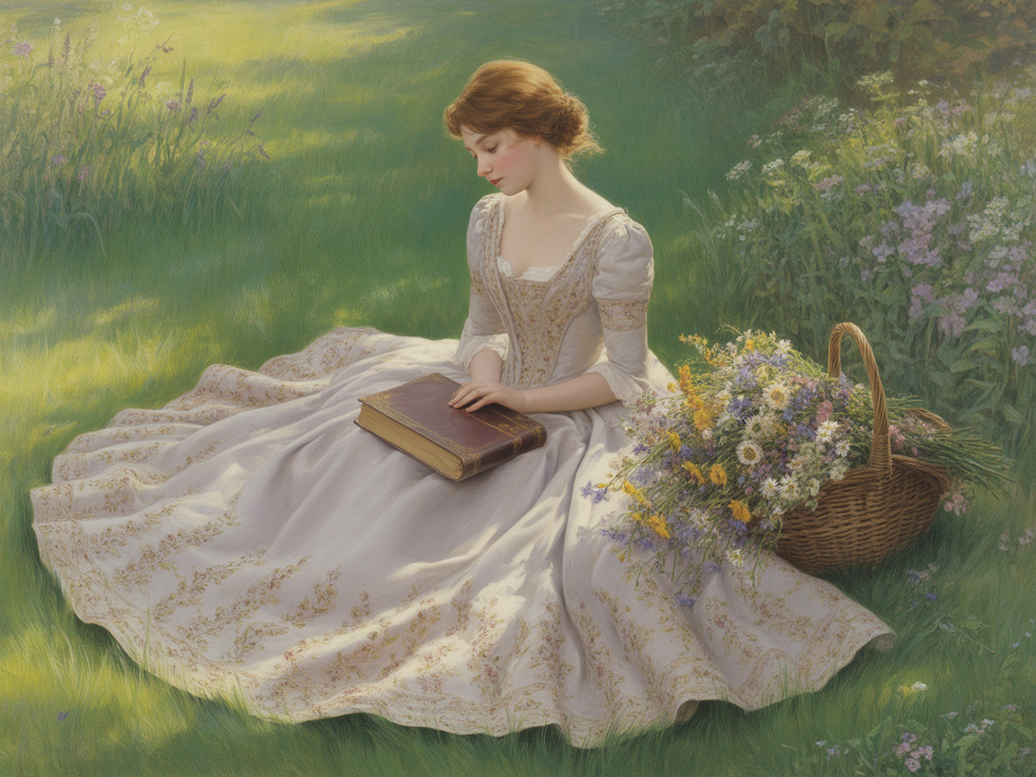 Young woman in embroidered gown among wildflowers