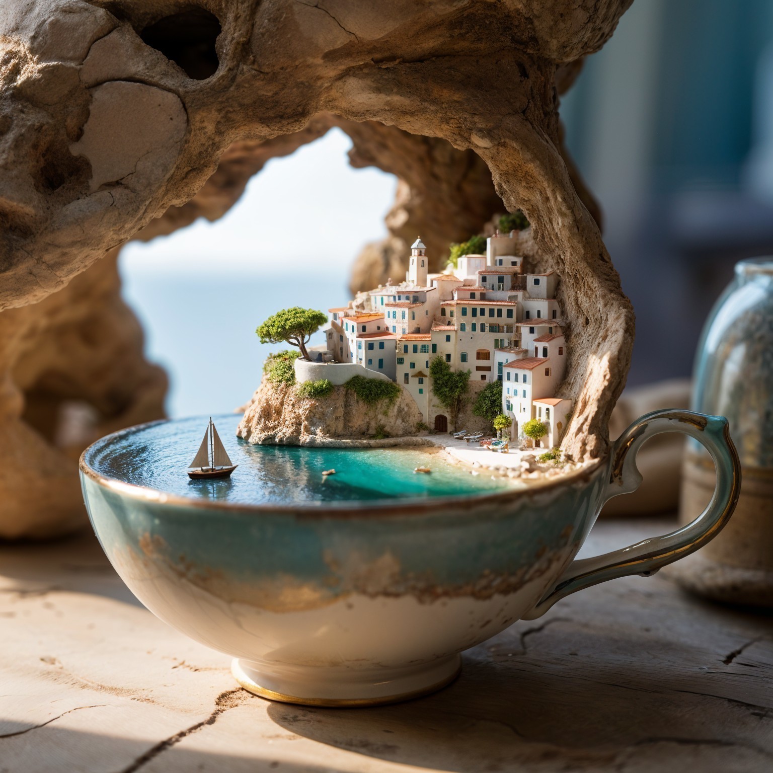 Teacup Design Featuring Seaside Village and Sailboat