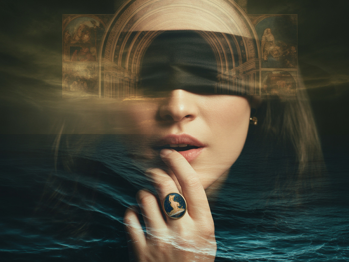 Woman in Blindfold with Ethereal Waves and Colors