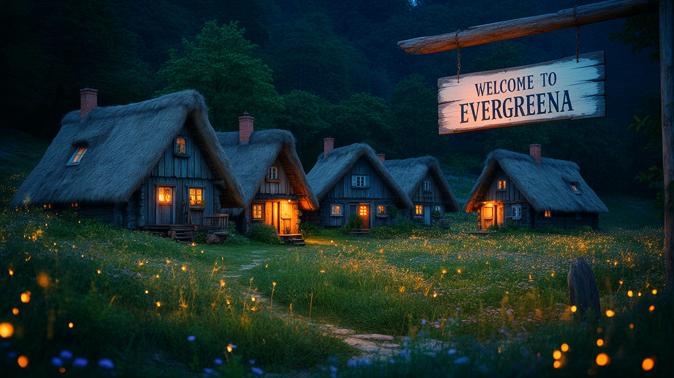 Charming Village of Evergreena in a Serene Valley