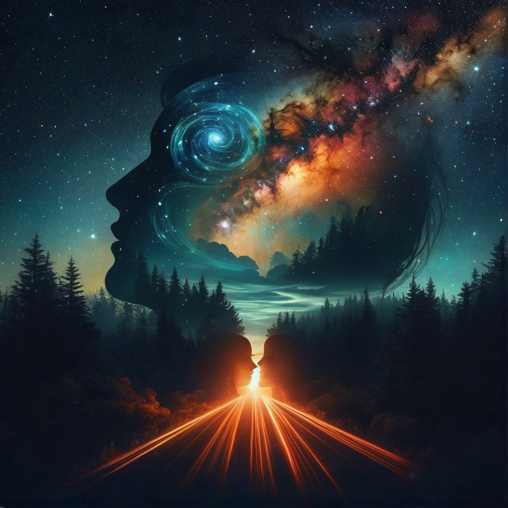 Surreal Landscape with Cosmic Elements and Silhouette