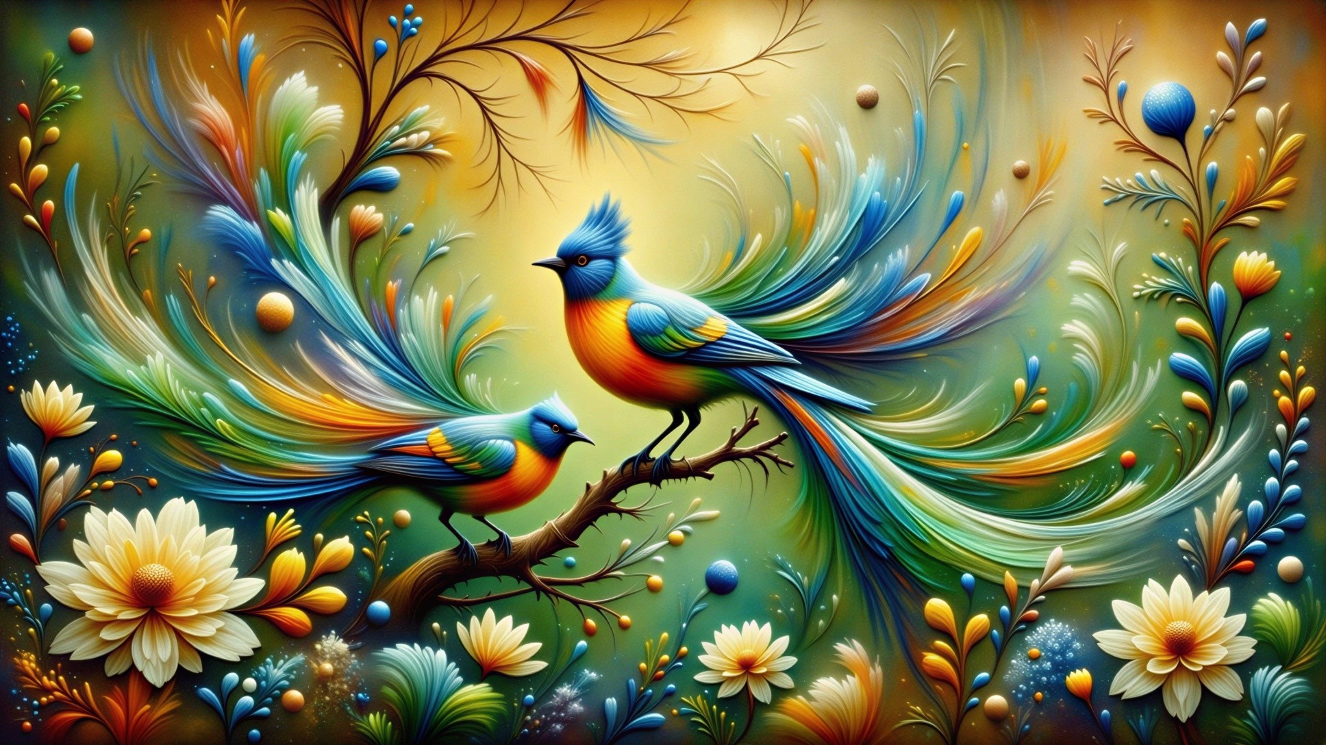 Vividly Colored Birds Amidst Floral Elements