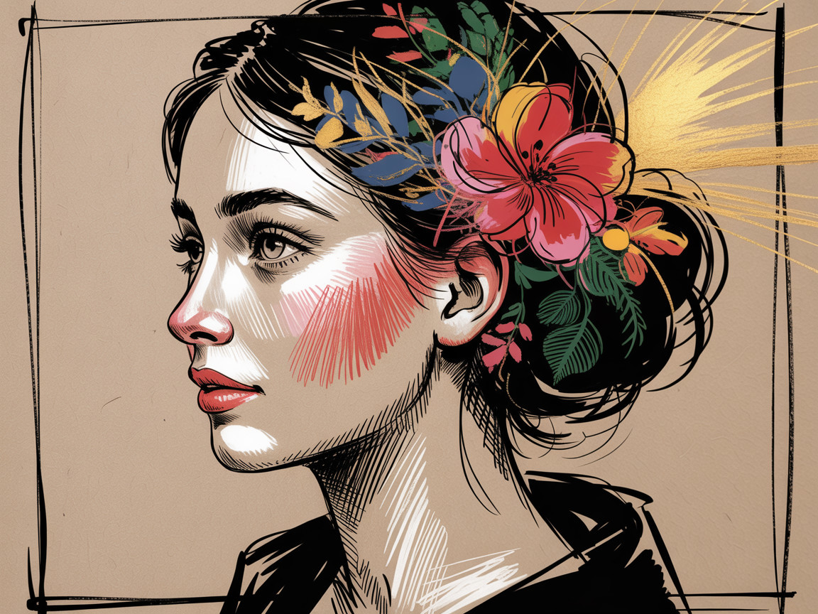 Profile Illustration of a Woman with Floral Accents