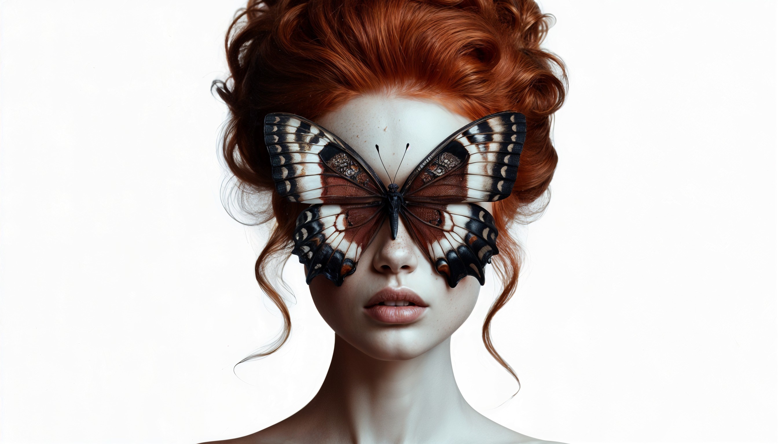 Portrait of a woman with red hair and butterfly mask