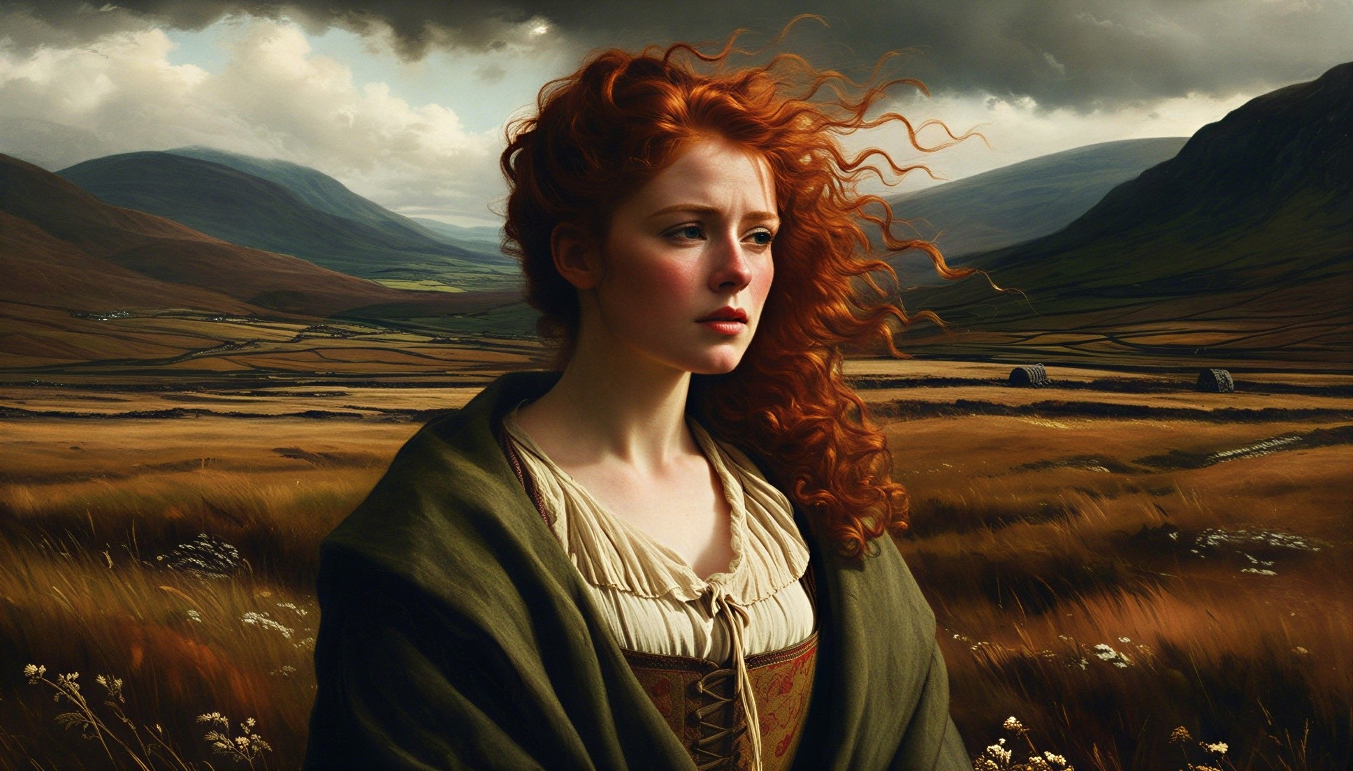 Young woman in vintage attire in dramatic landscape