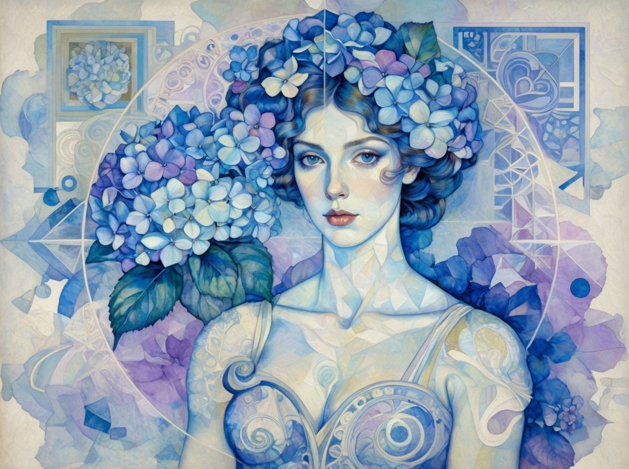 Watercolor Painting of Woman with Hydrangea Flowers