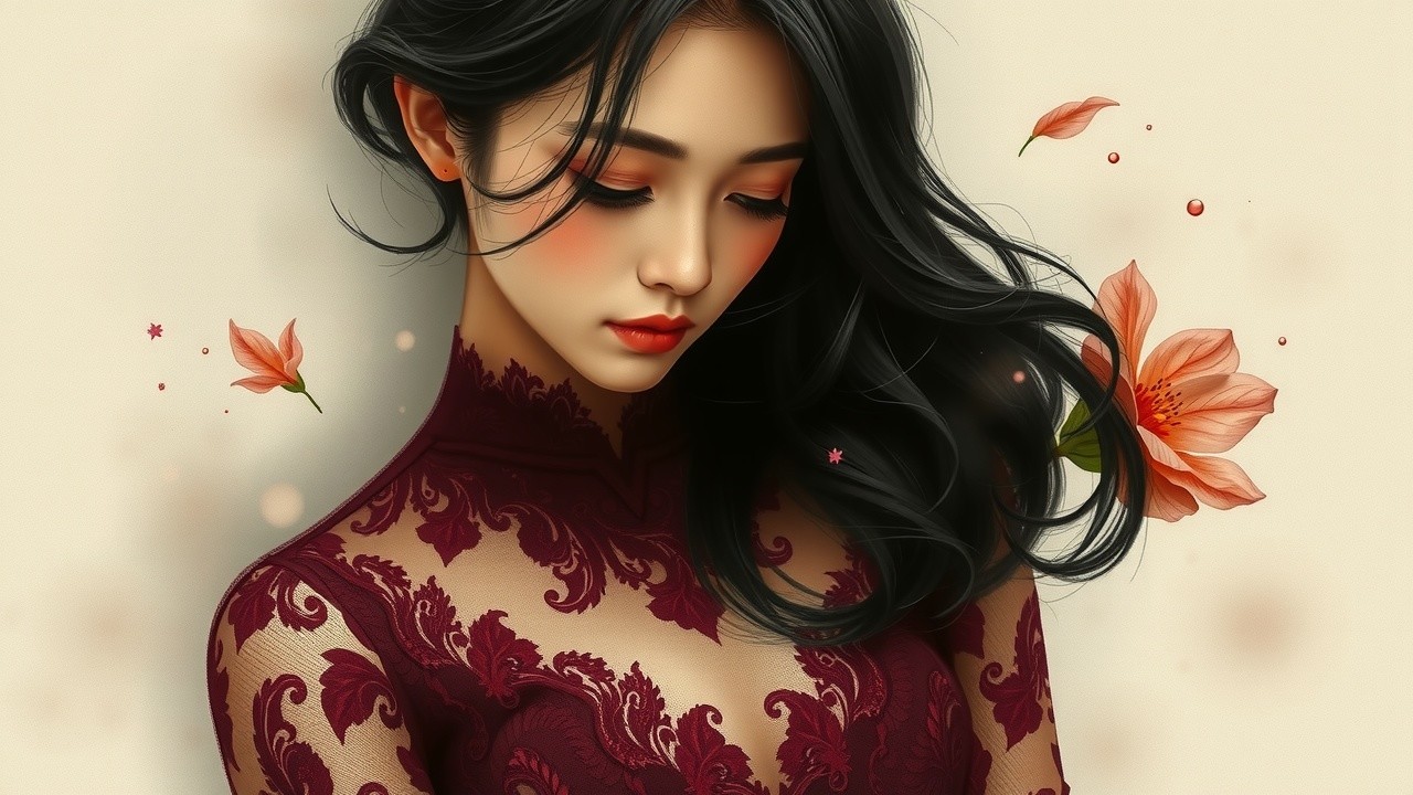Young Woman in Burgundy Dress with Floral Accents