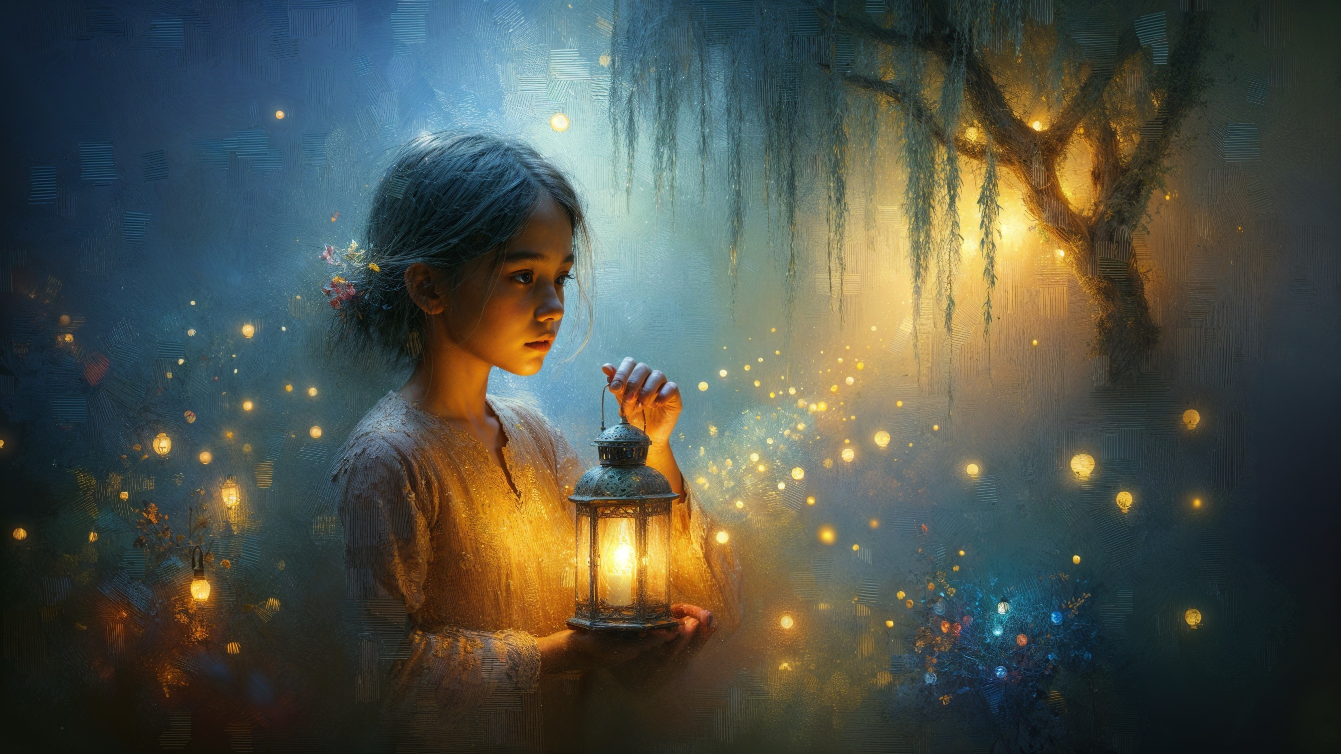 Mystical Forest Scene with Glowing Lantern and Lights