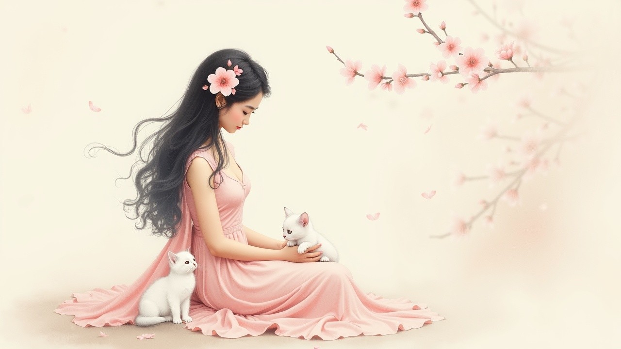 Young Woman with Kittens Among Cherry Blossoms