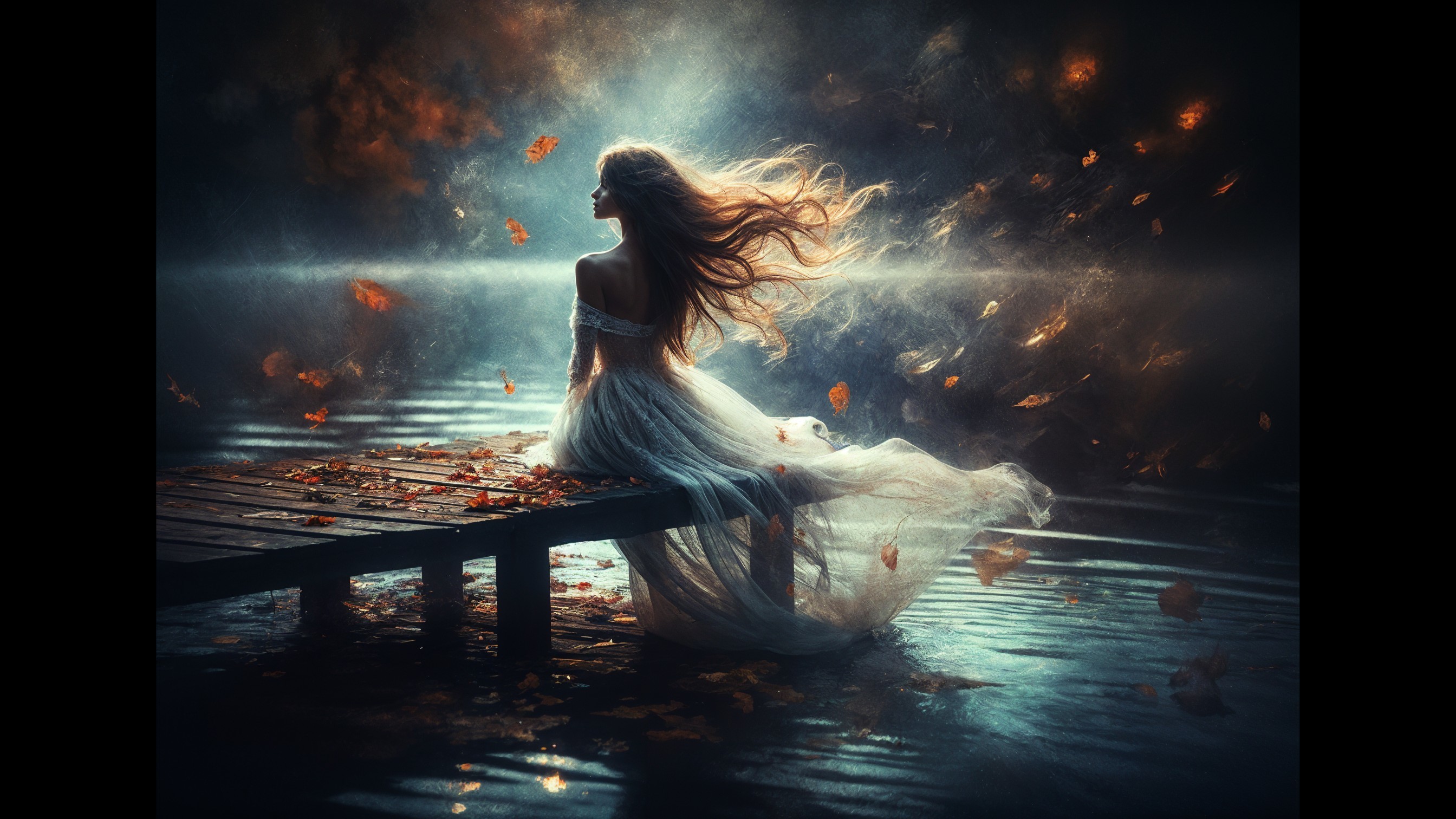 Serene Figure on Weathered Dock by Misty Lake