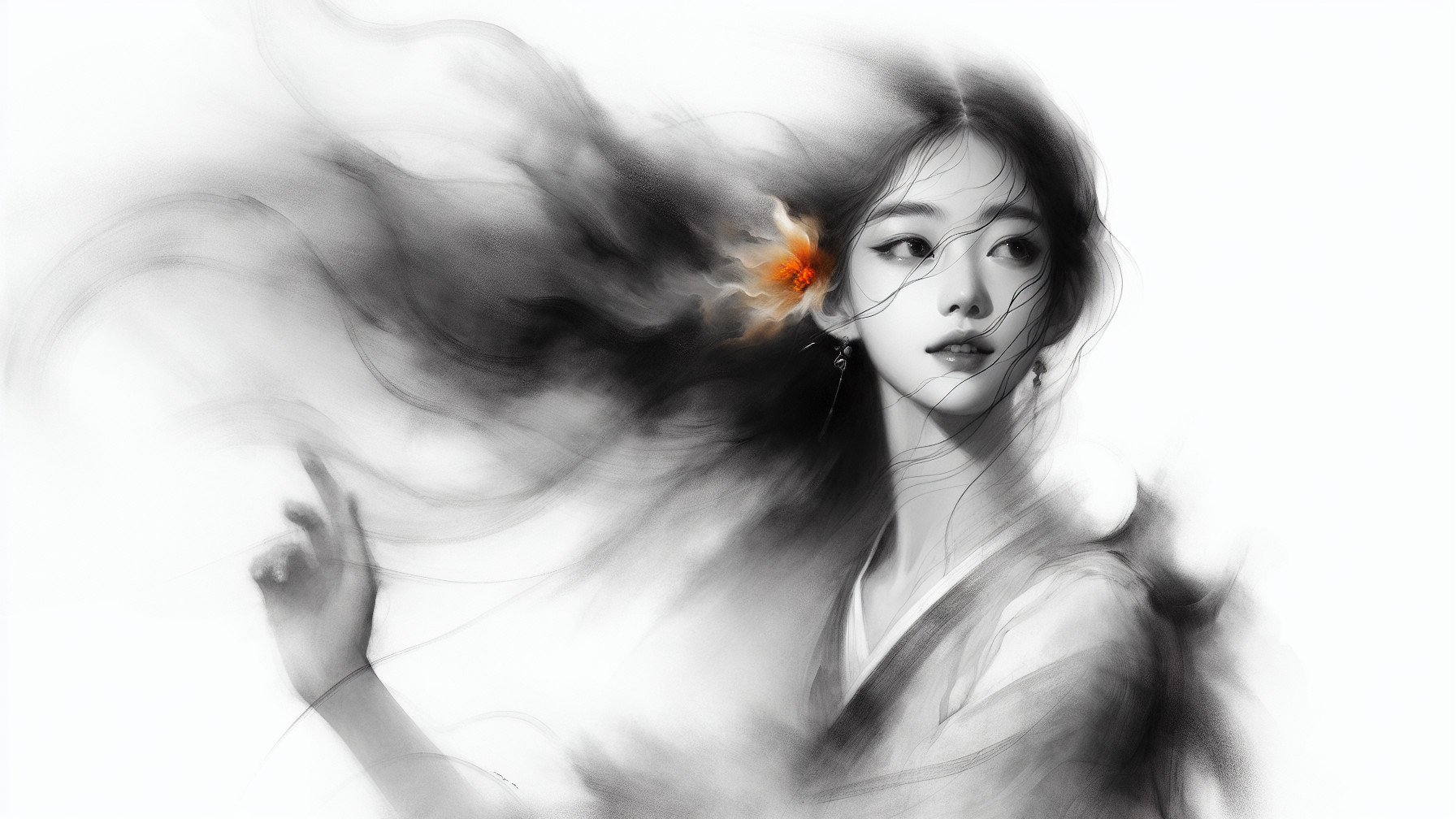 Black and white illustration of a young woman with mist