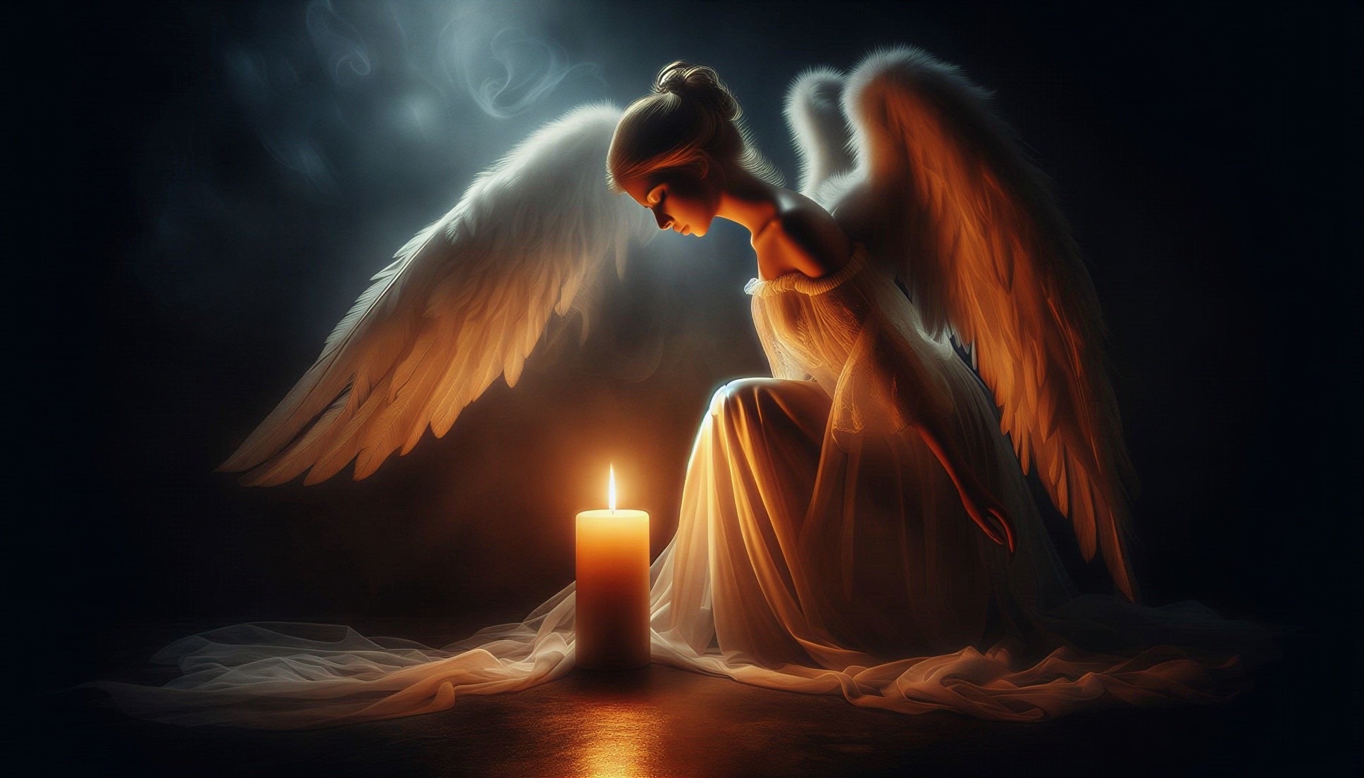 Serene Angel with Luminous Wings Beside Candlelight