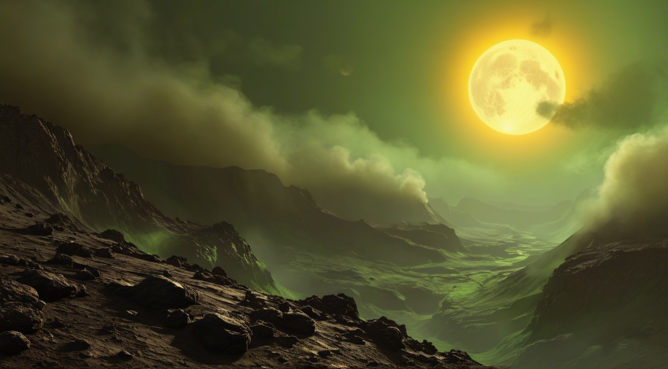 Surreal Alien Landscape with Rugged Terrain and Sun