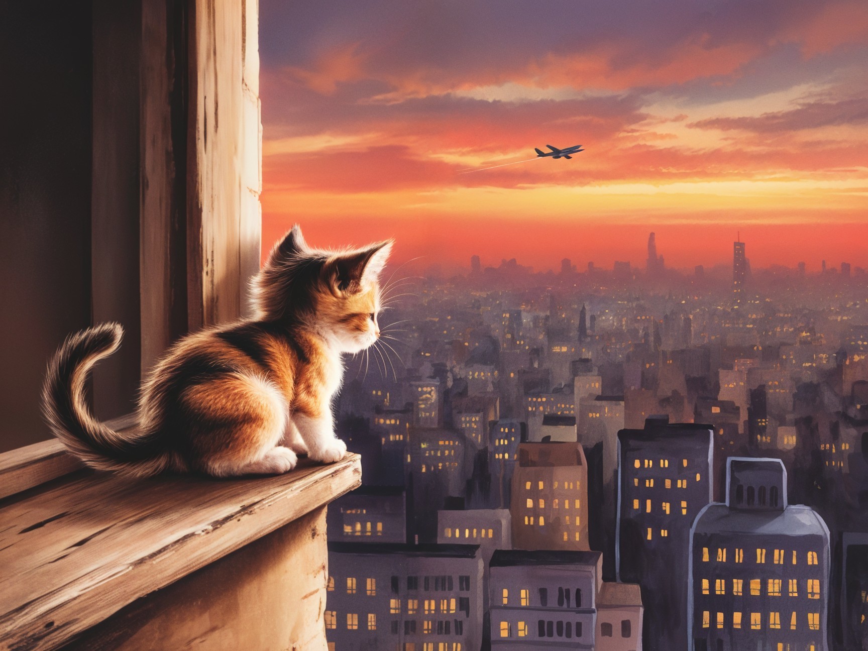Calico Kitten on Windowsill Overlooking City Sunset