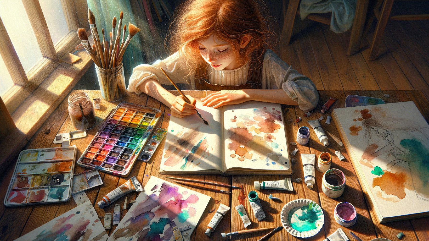 Young girl painting at a wooden table in sunlight